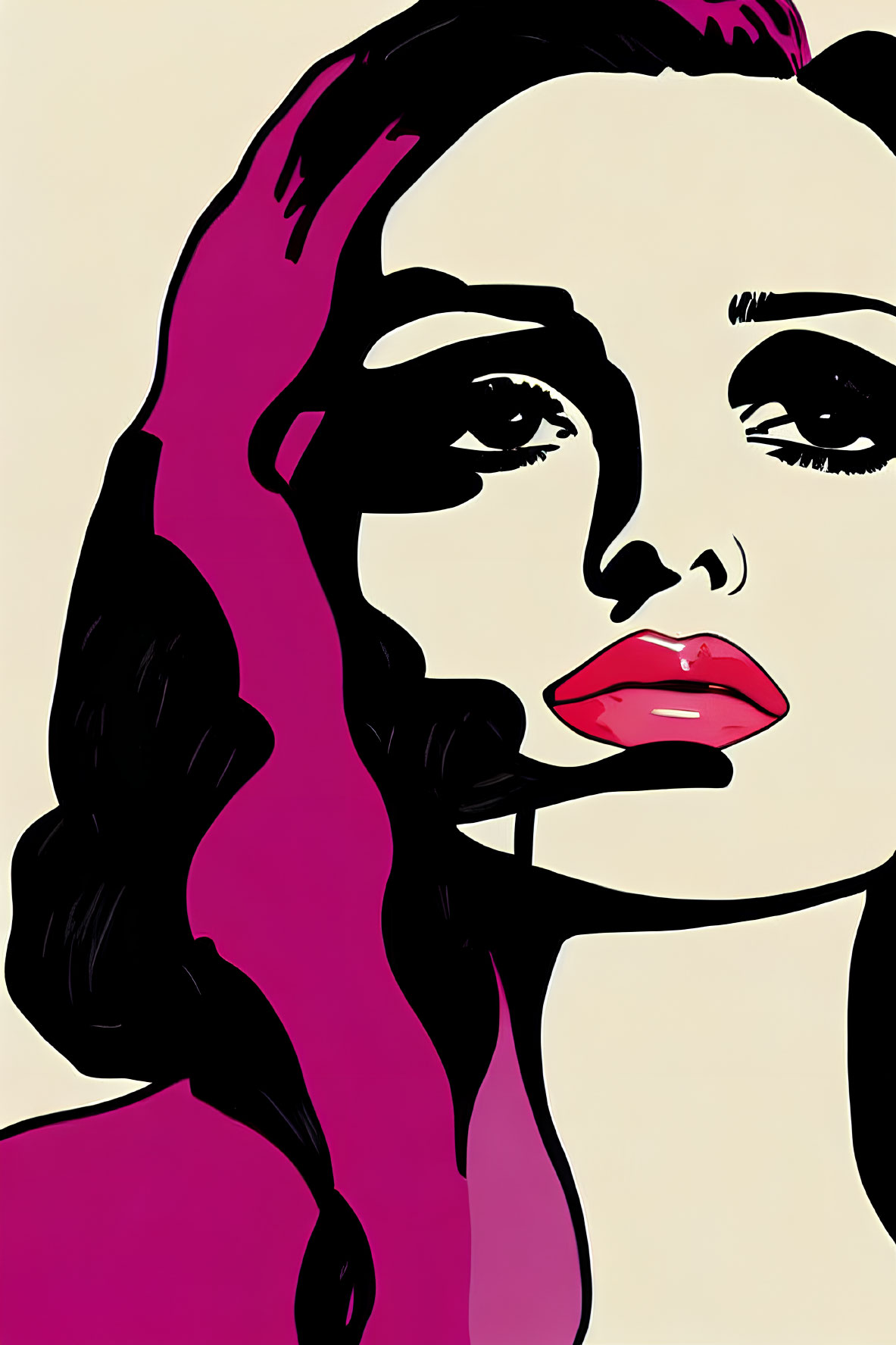 Colorful Pop Art Illustration of Woman with Pink Hair and Bold Outlines