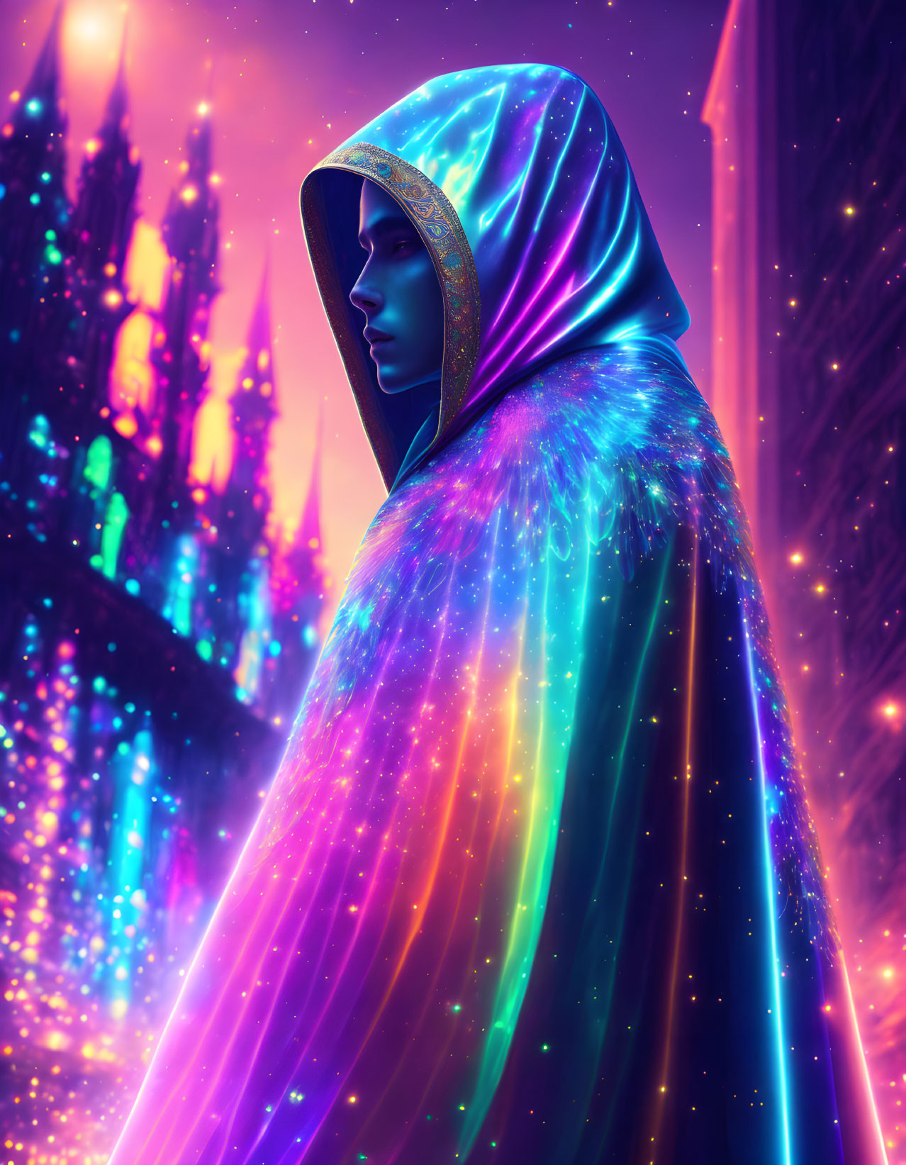 Vibrant cosmic-patterned cloak against neon-lit cityscape