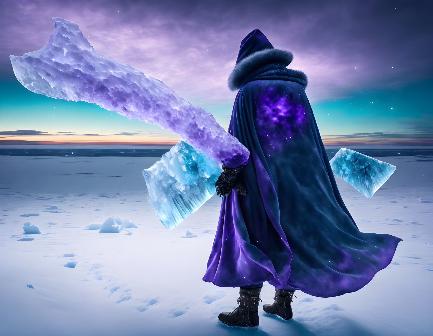 Cloaked figure with glowing purple ice crystal staff on frozen twilight landscape