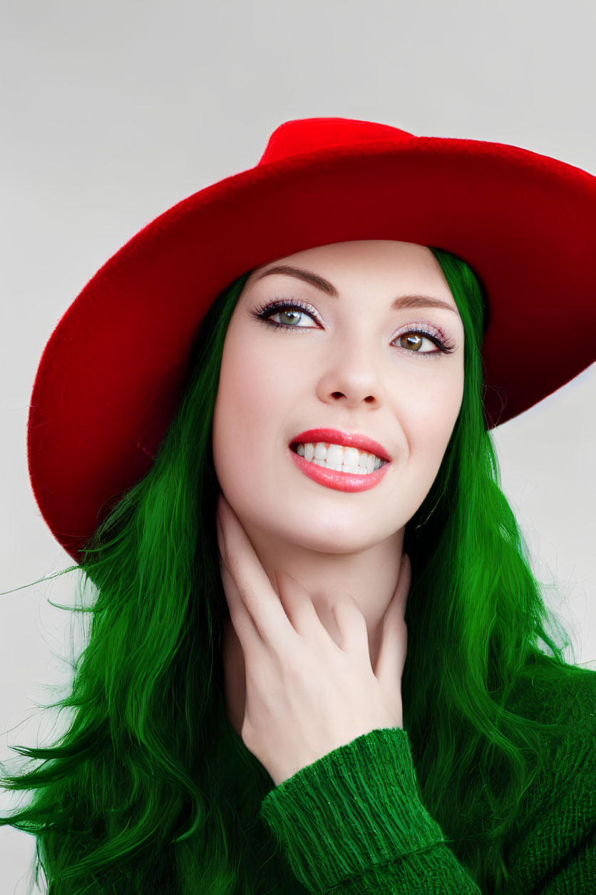 Smiling woman with green hair and red hat in green sweater