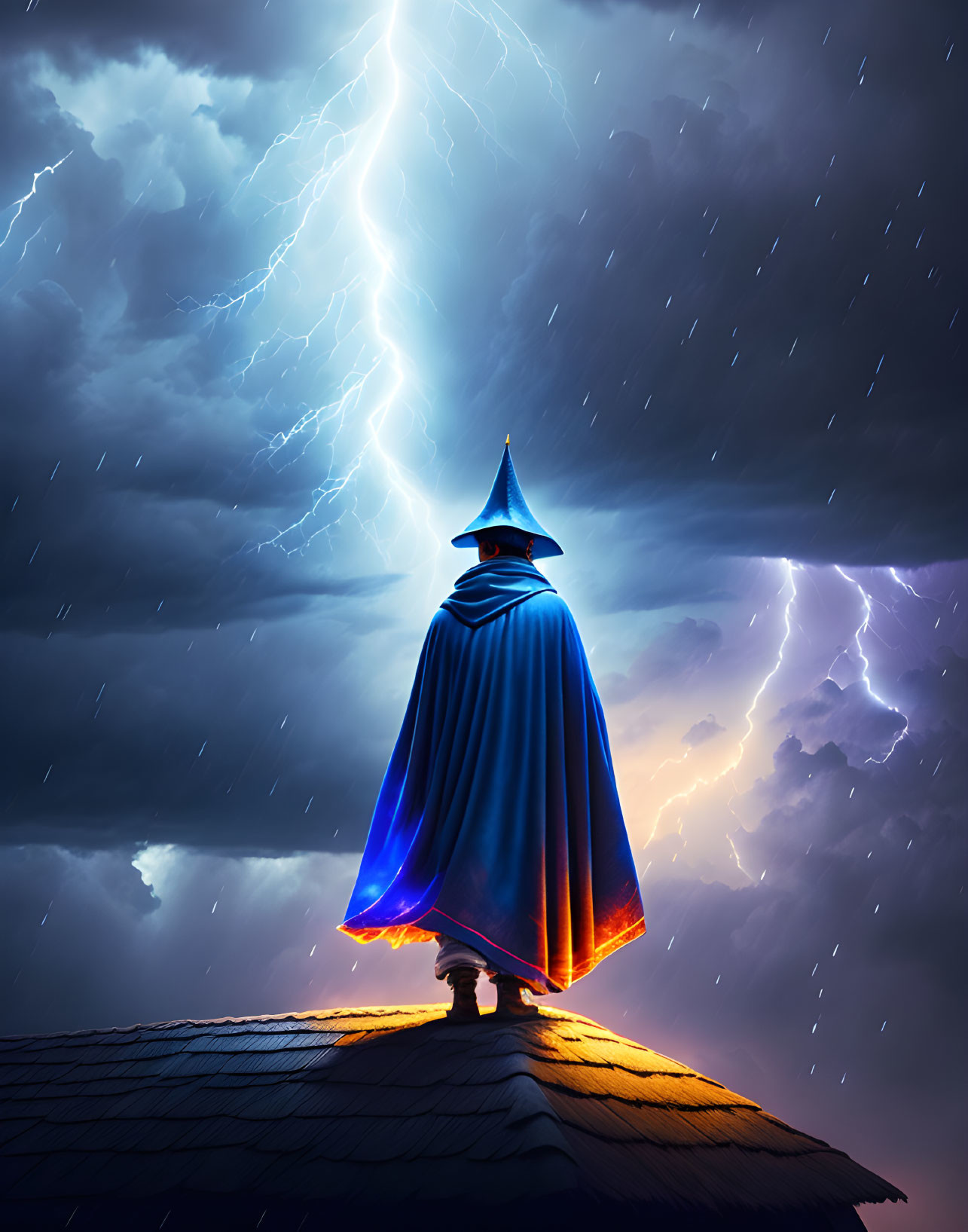 Wizard in Blue Cloak on Roof under Stormy Sky with Lightning