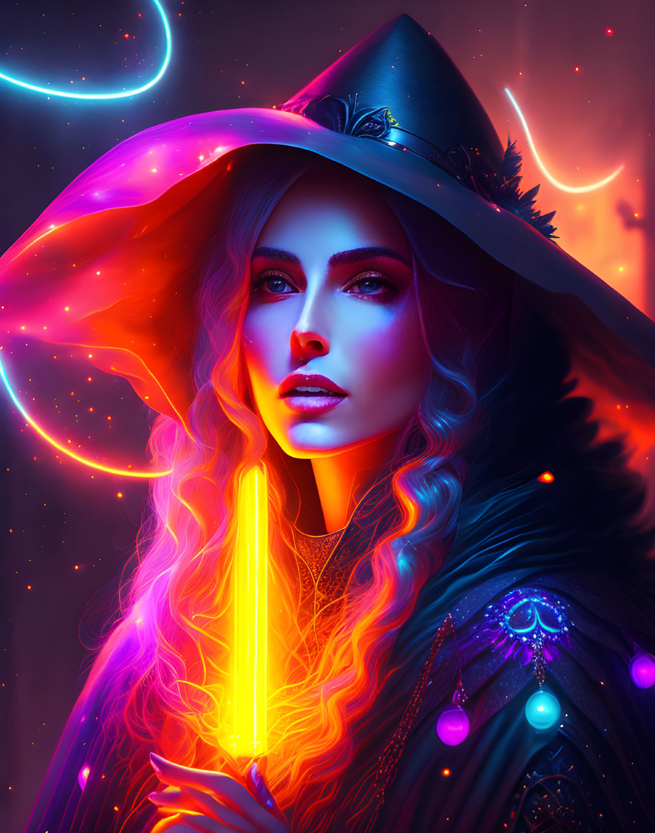 Portrait of woman with luminous flowing hair in witch's hat against vibrant neon background.