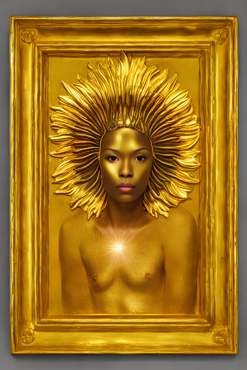 Golden Portrait Featuring Figure with Sun-like Headgear and Glowing Chest Light