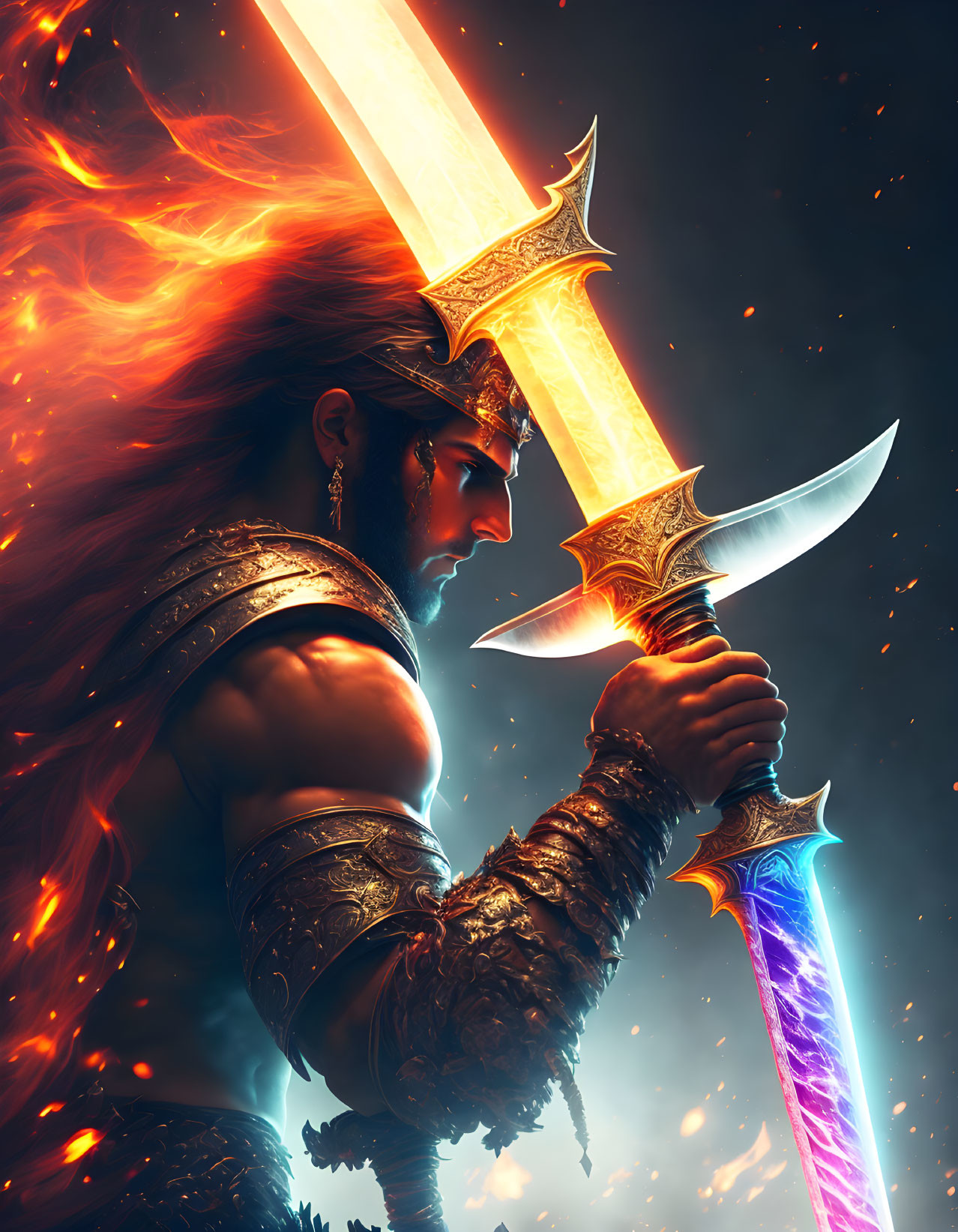 Warrior with blazing sword and glowing blade in fiery cosmic backdrop