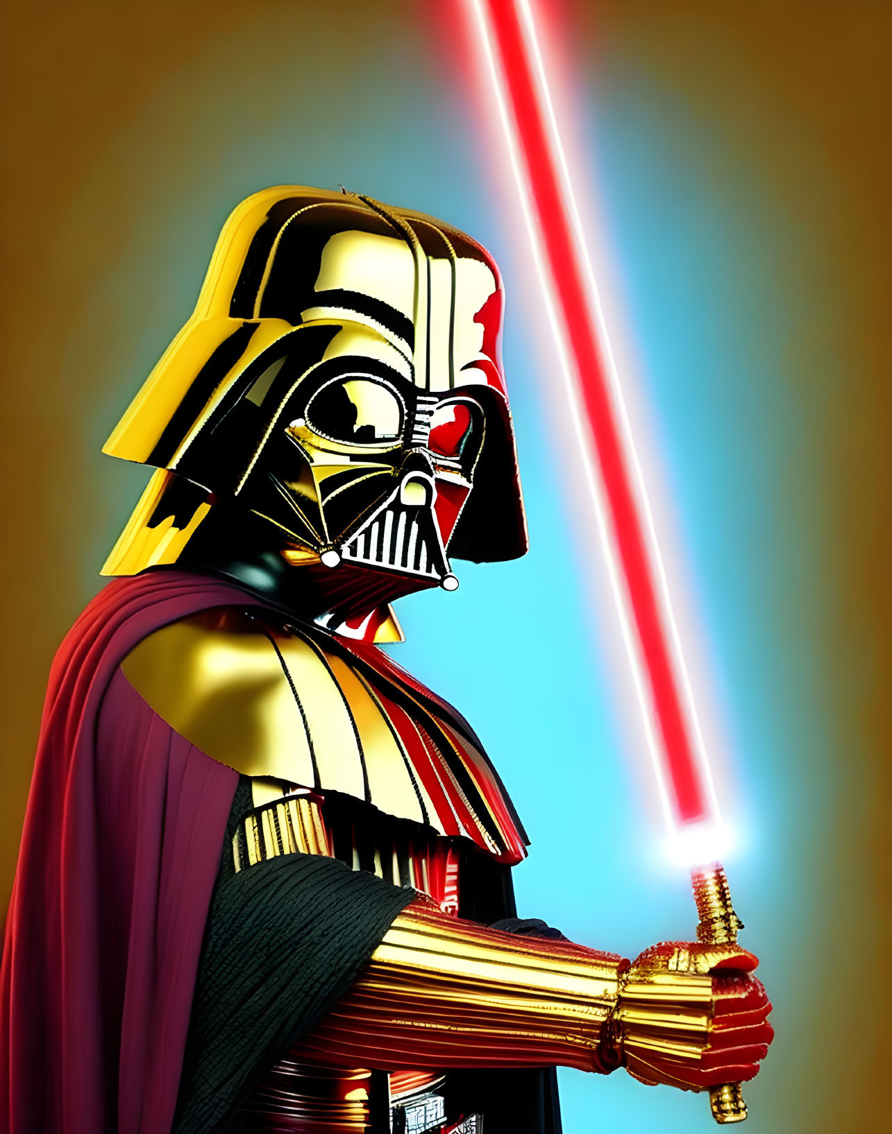 Stylized character with red lightsaber on gradient background