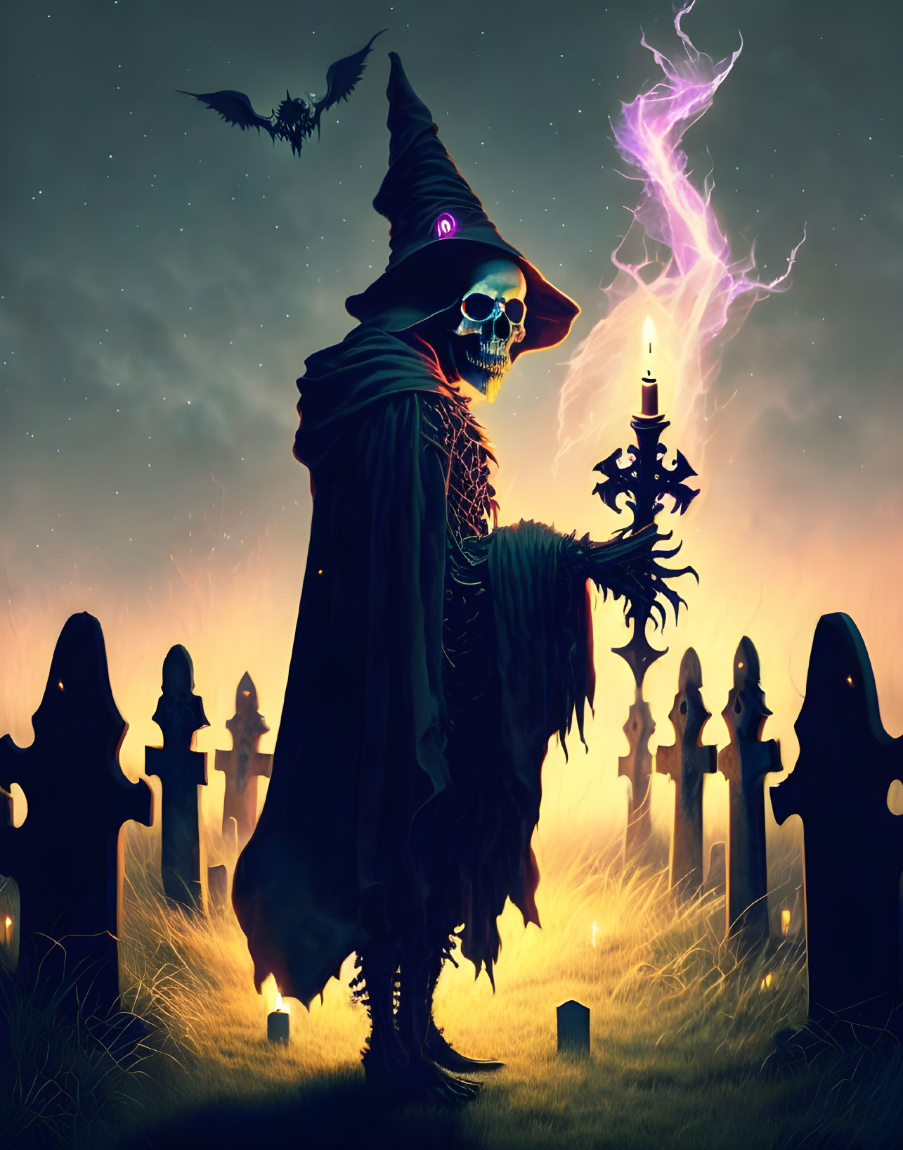 Skeleton in Wizard's Robe with Candelabra in Graveyard Storm