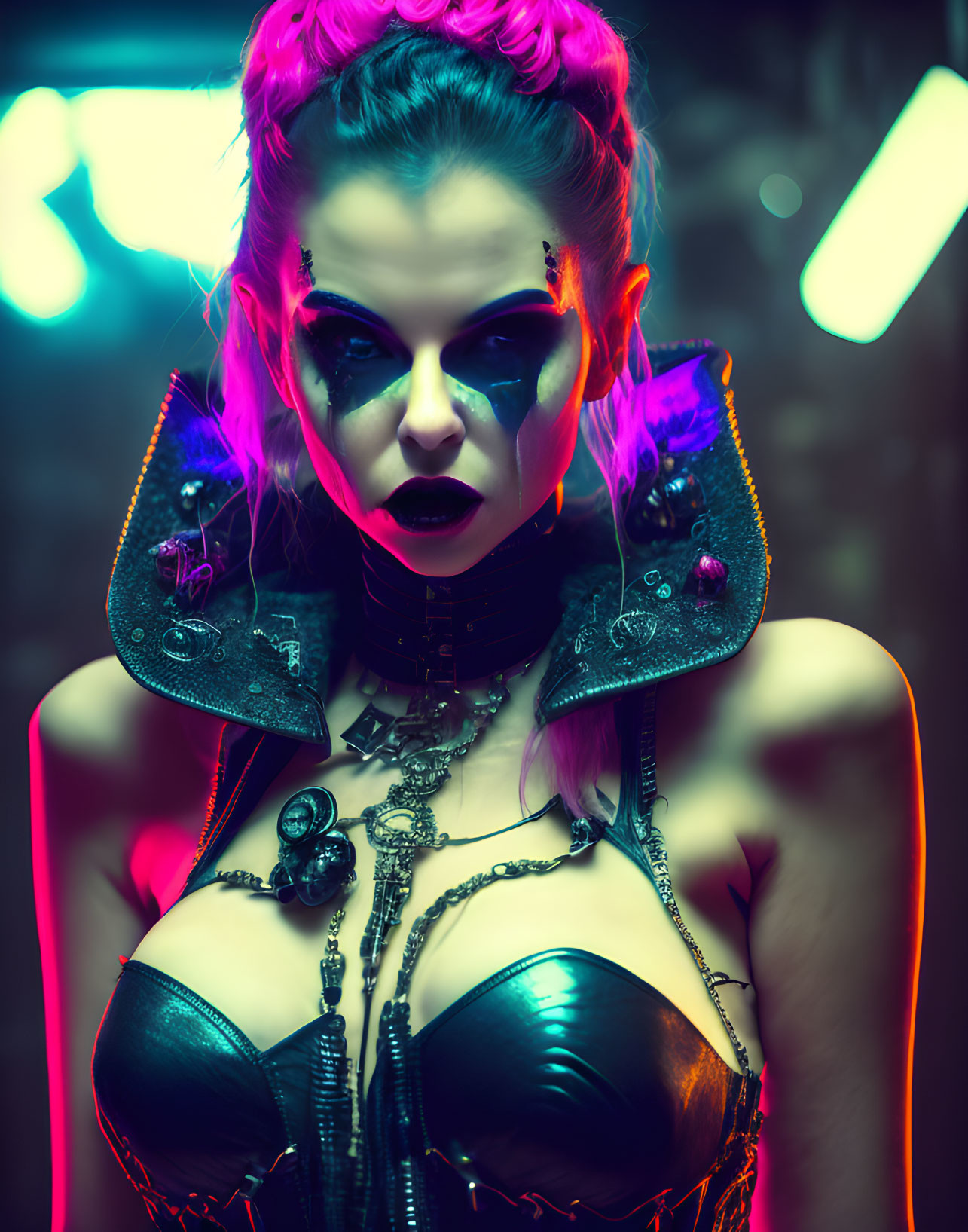 Purple-haired woman in futuristic gothic attire under neon lights