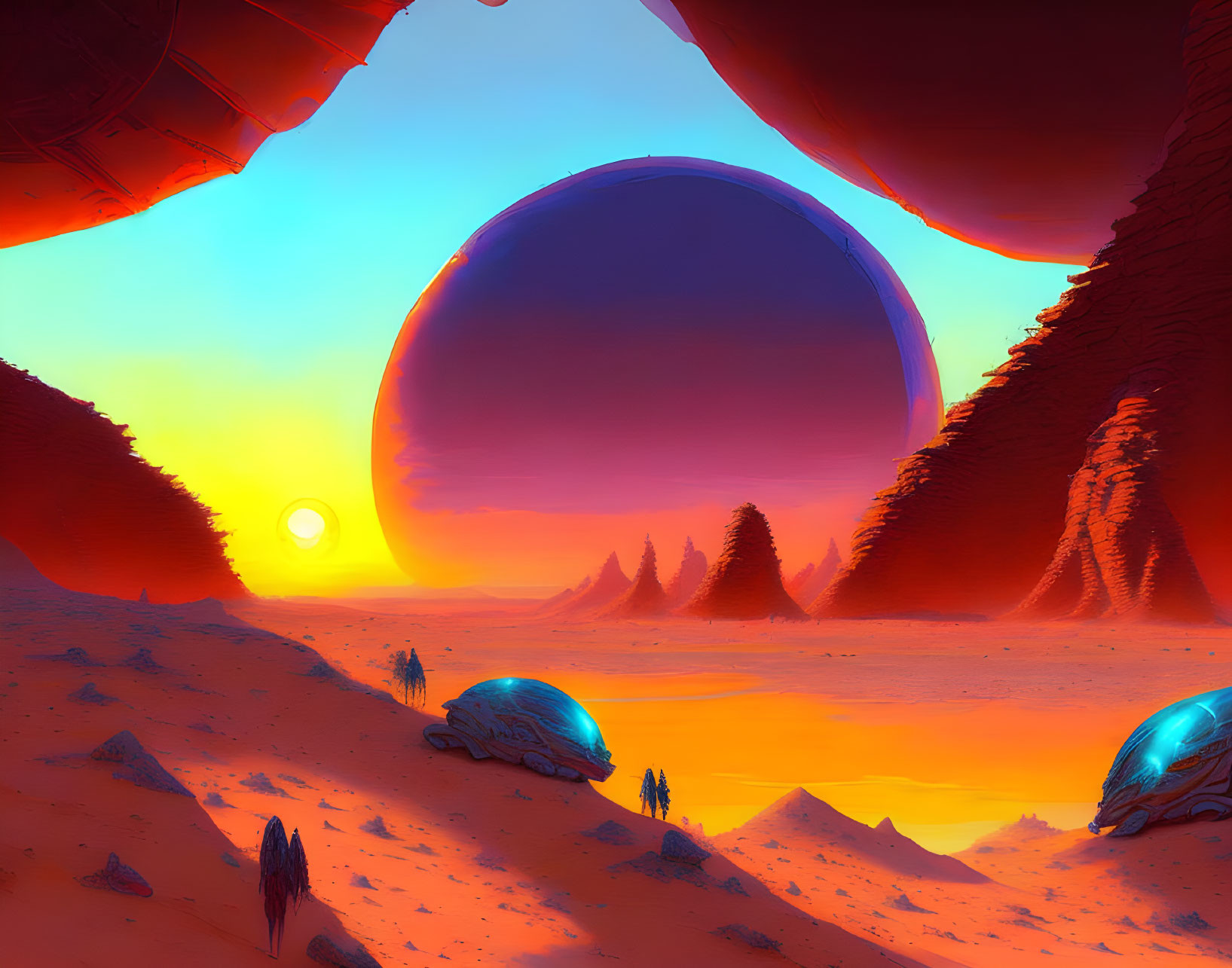 Futuristic sci-fi landscape with red cliffs, alien moon, and radiant sunset