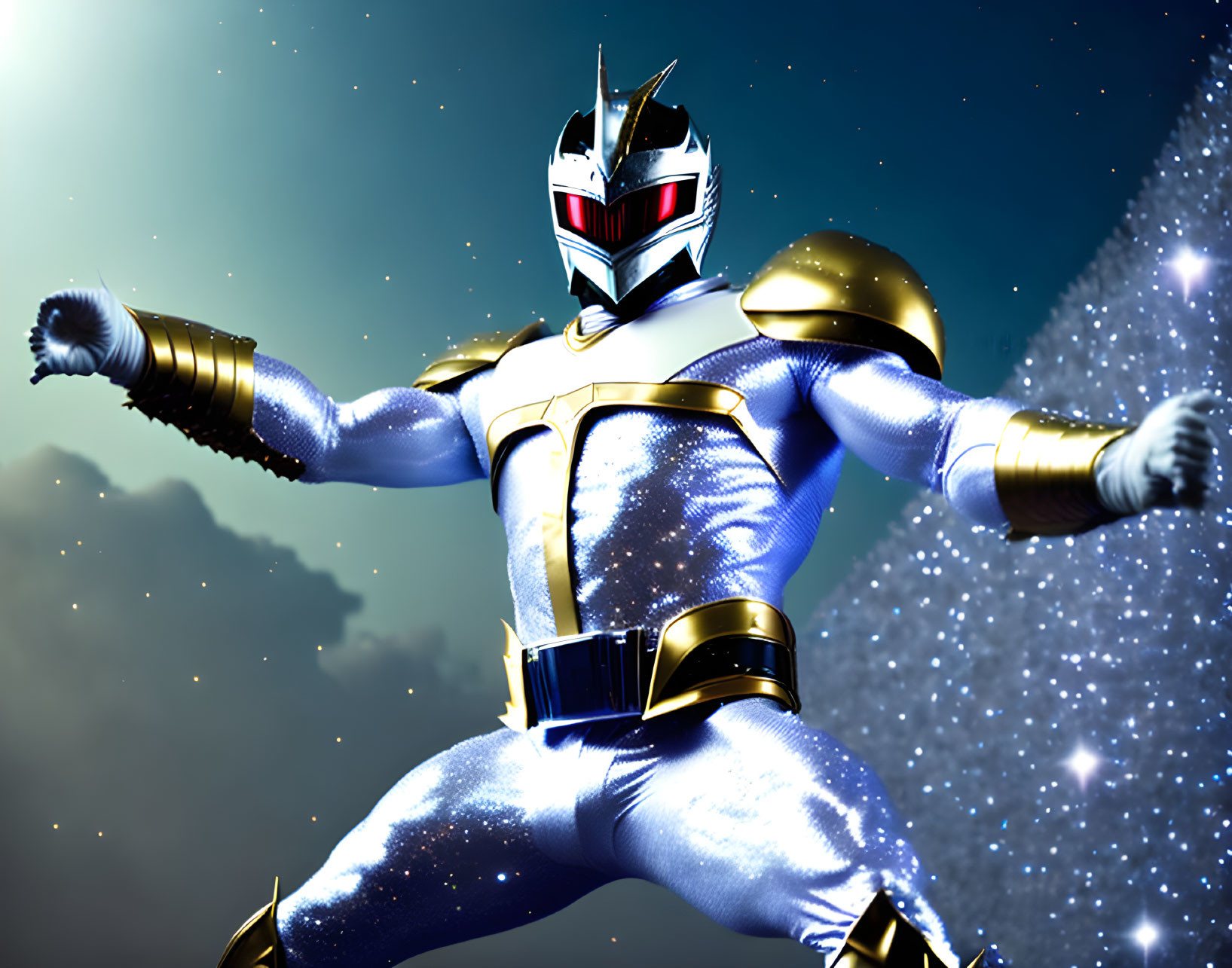 Silver and Gold Superhero Costume Against Starry Cosmos Background