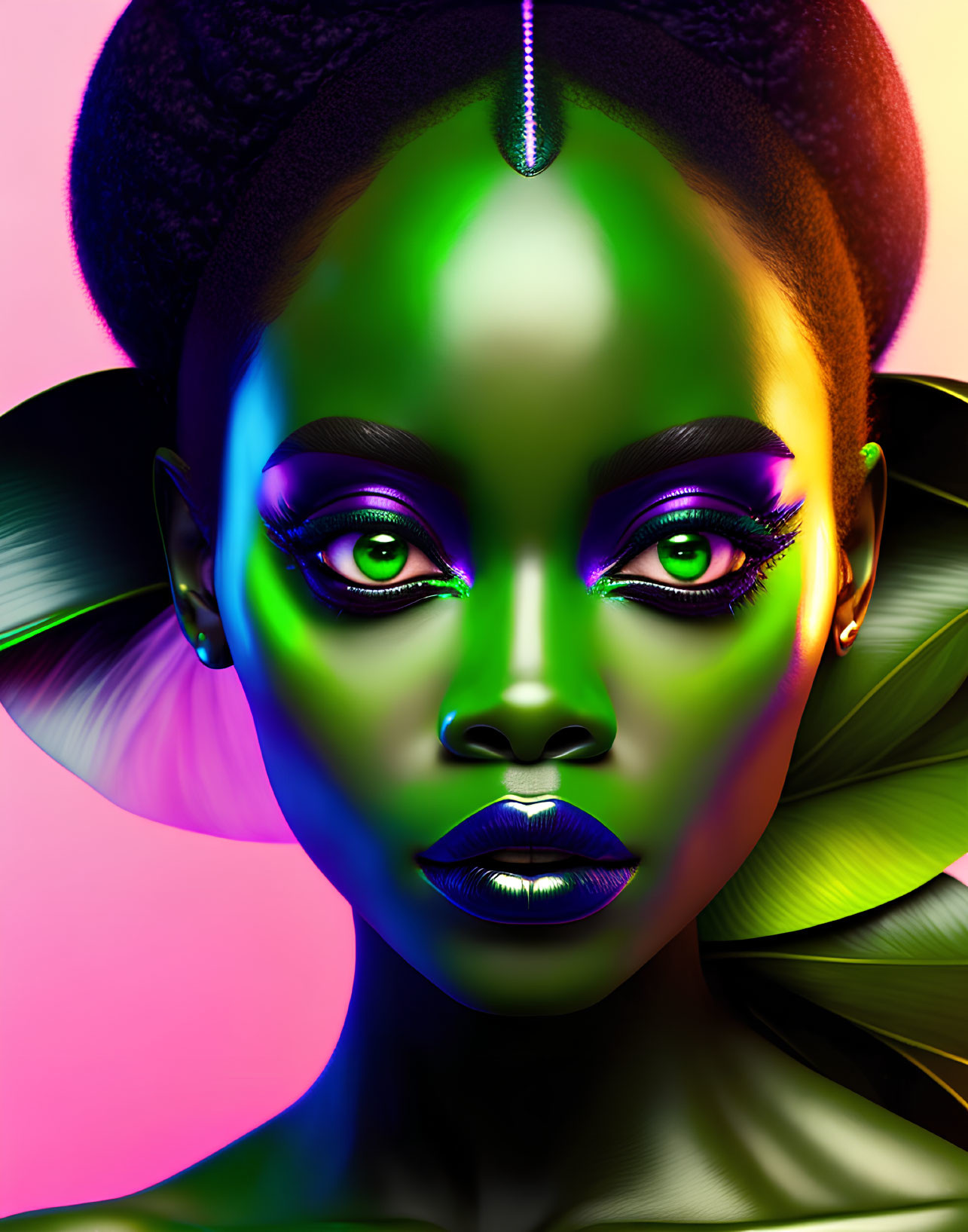 Colorful digital portrait of woman with green skin and purple lips on pink and yellow backdrop
