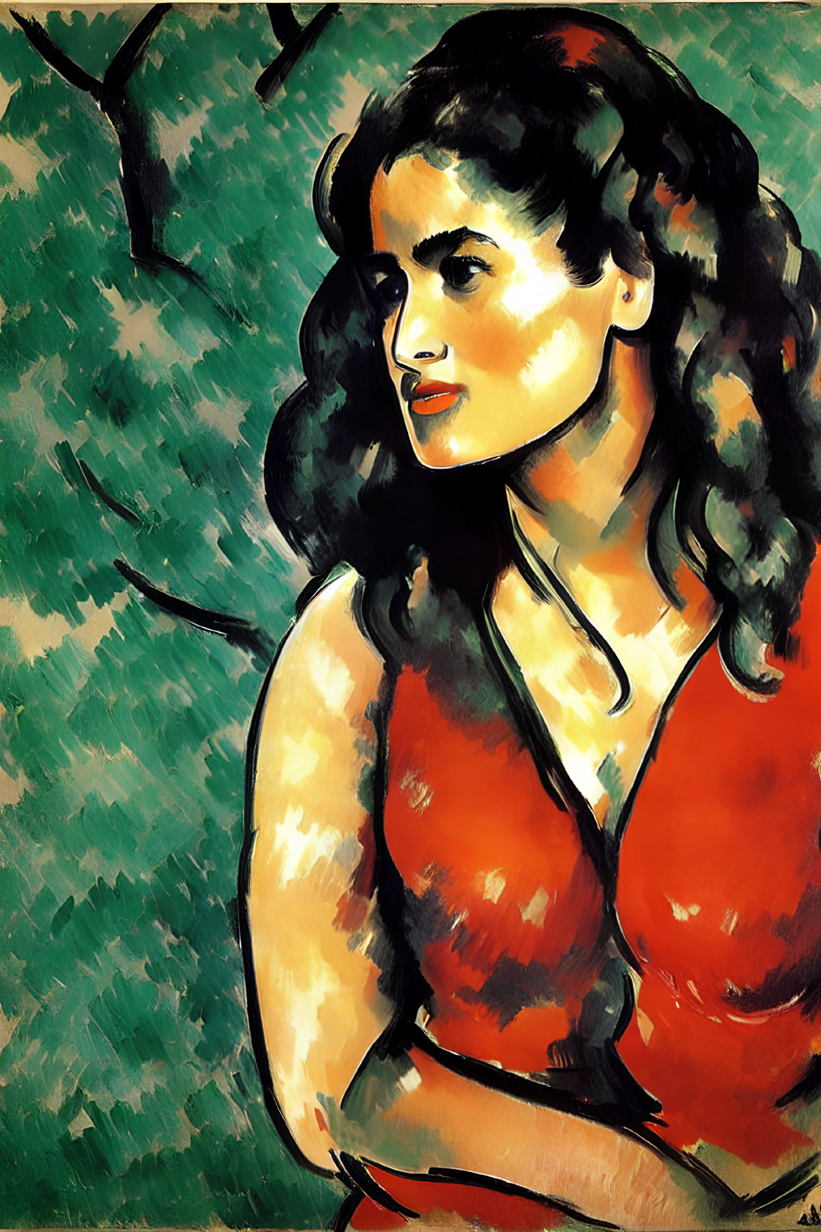 Colorful Woman Portrait in Expressionist Style with Black Hair and Red Top