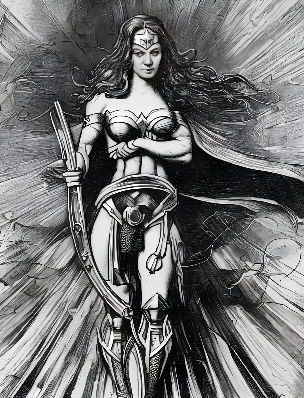 Monochromatic female superhero with tiara, sword, shield, and flowing cape