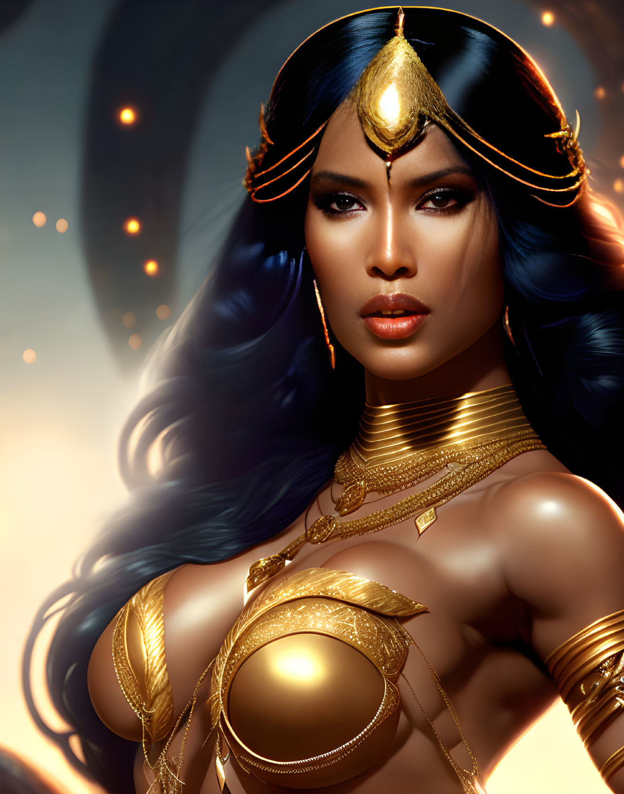 Golden armored woman with headdress in mystical setting