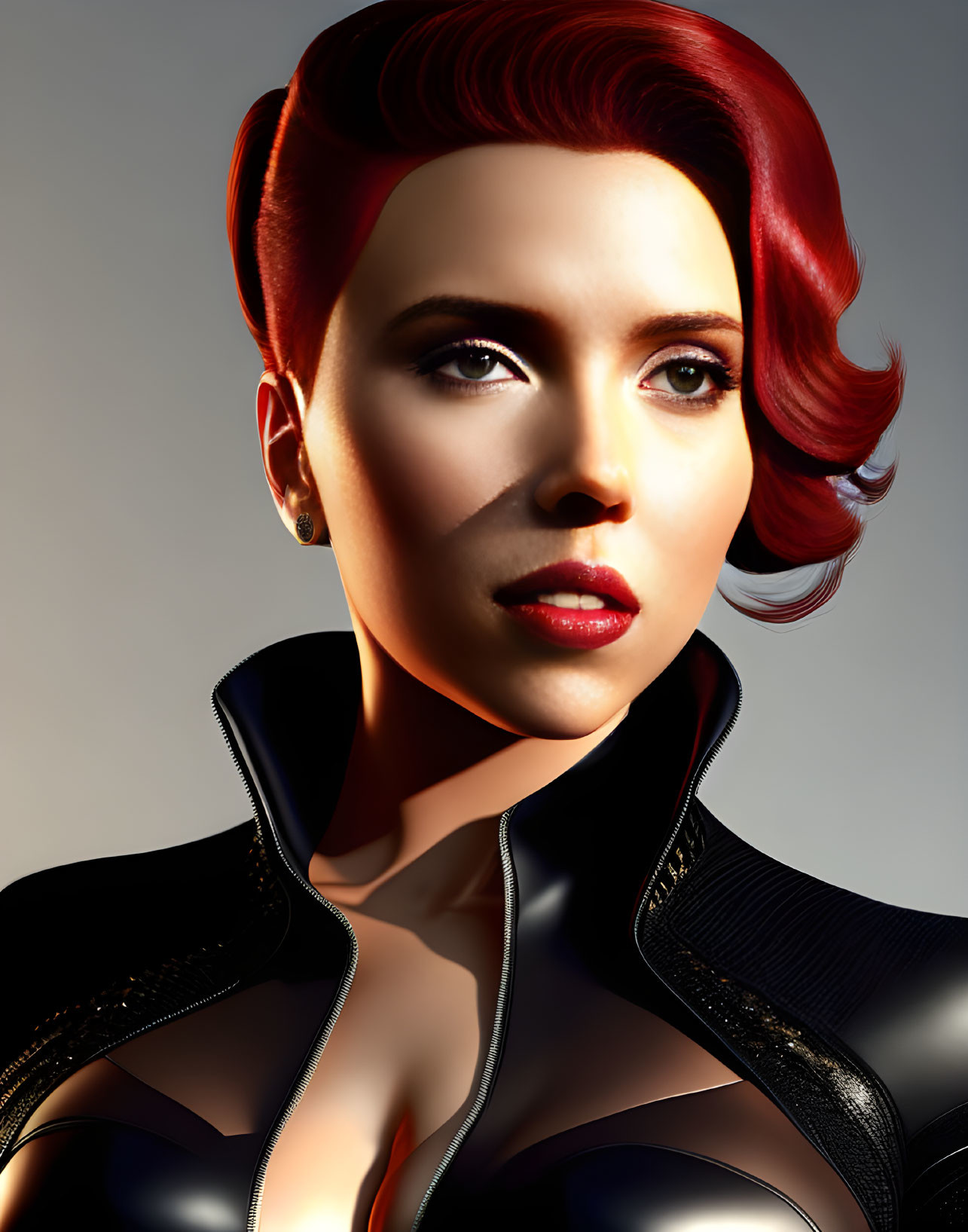 Photorealistic 3D rendering of woman with red wavy hair in black leather outfit