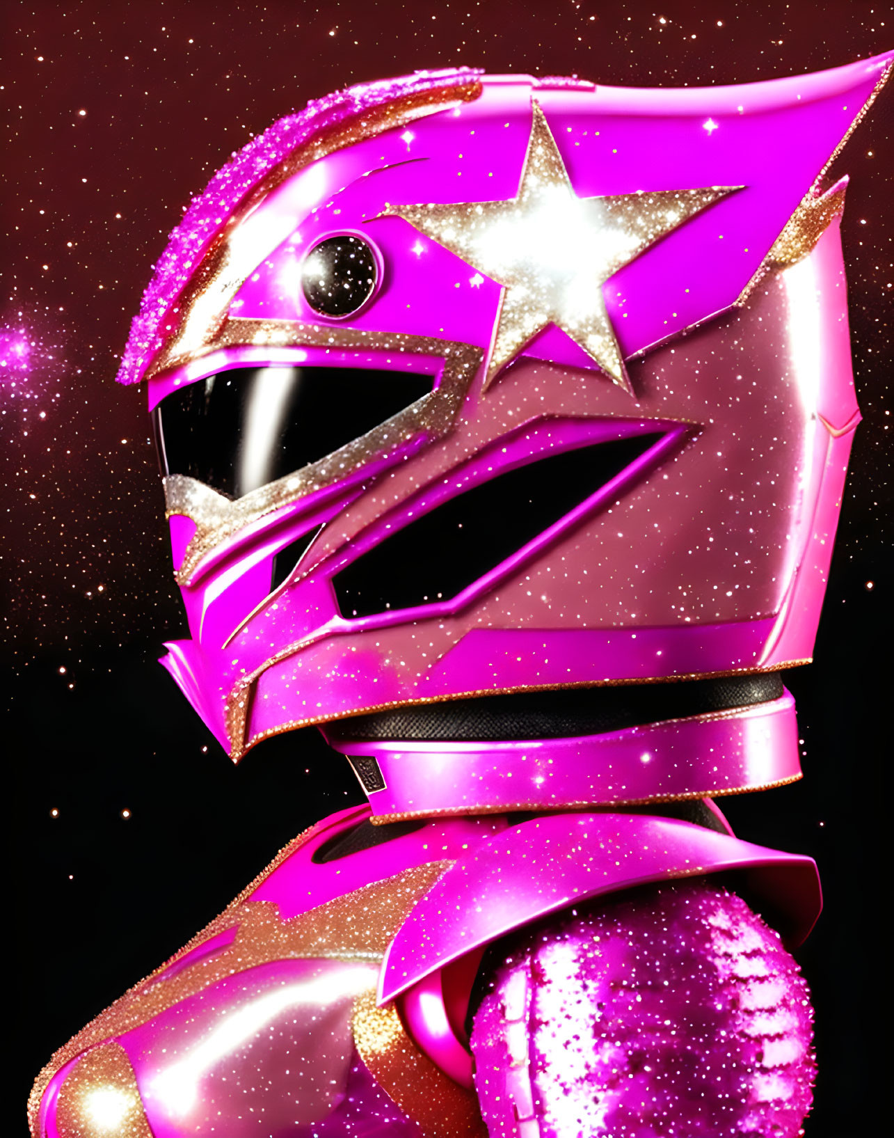 Bright Pink Star Design Helmet on Glittery Starry Background