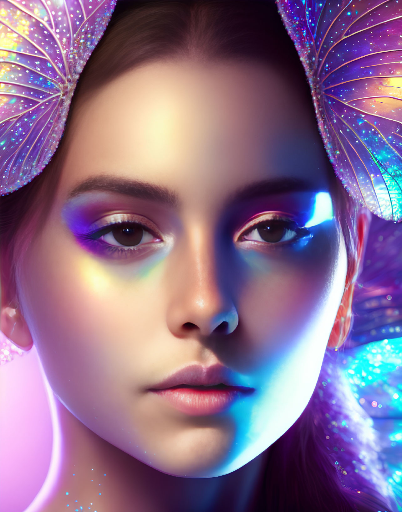 Colorful Glowing Makeup and Fan Accessories Portrait