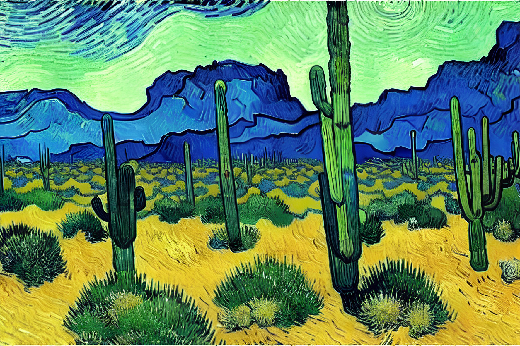 Colorful desert painting with cacti, swirling sky, and blue mountains