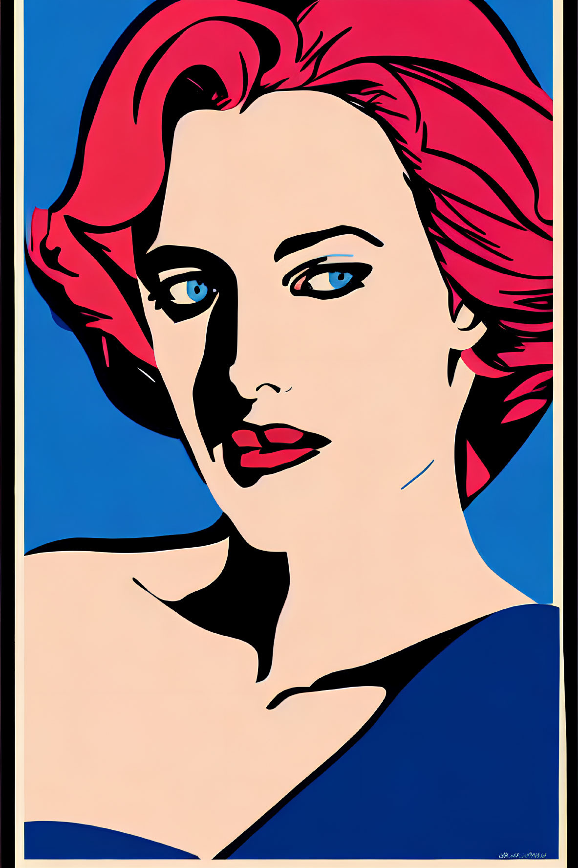 Vibrant pop art portrait: woman with red hair, blue background, high contrast, bold outlines