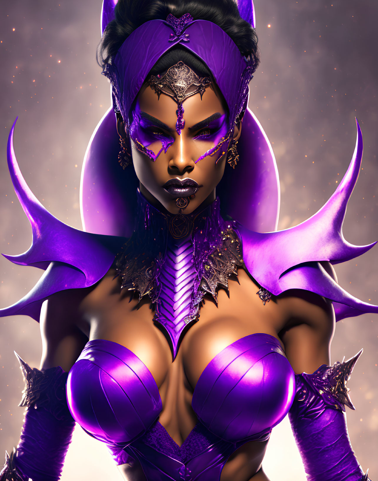 Female character in purple fantasy armor on starry backdrop