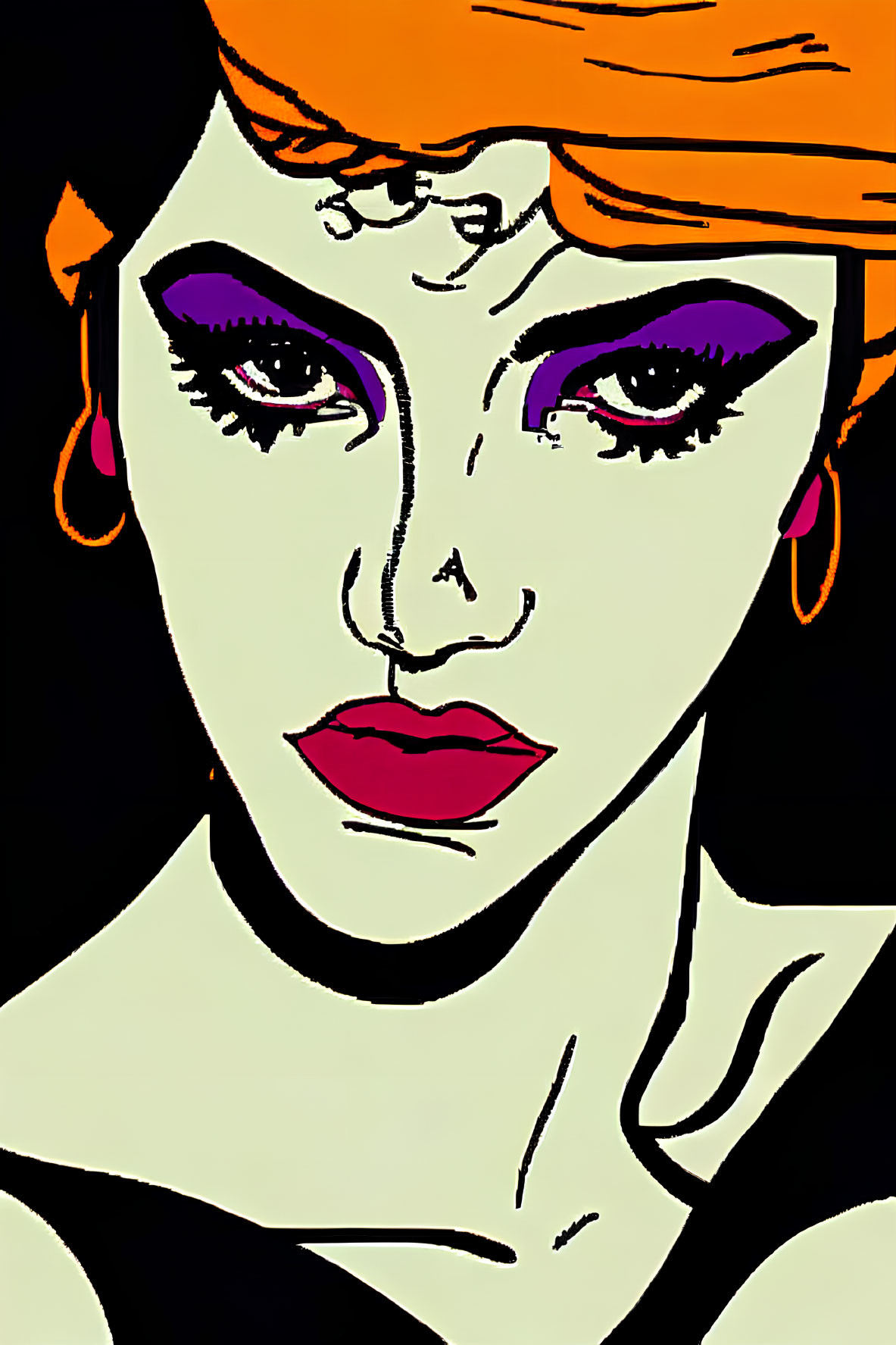 Colorful portrait of a woman with purple eyeshadow, red lips, orange headscarf,