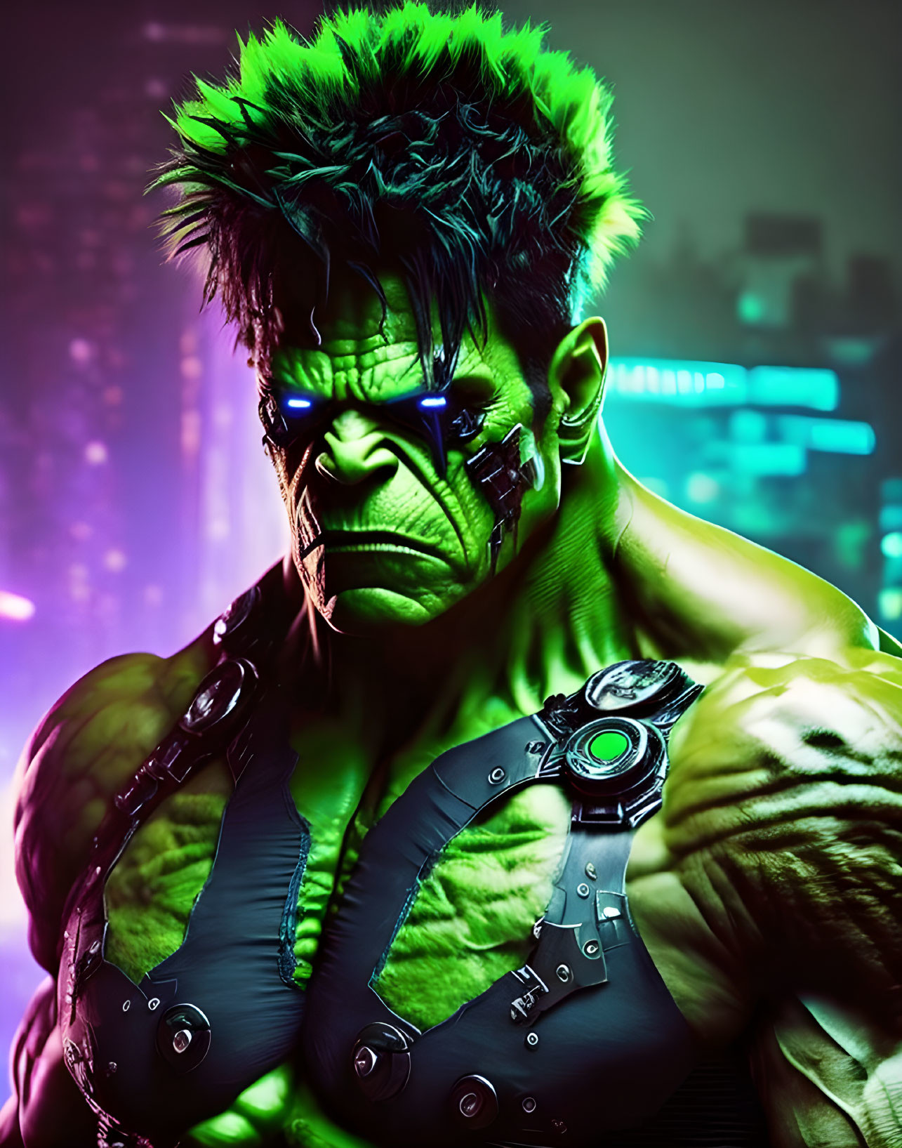 Muscular green-skinned cyberpunk character with spiky hair in futuristic attire on neon-lit