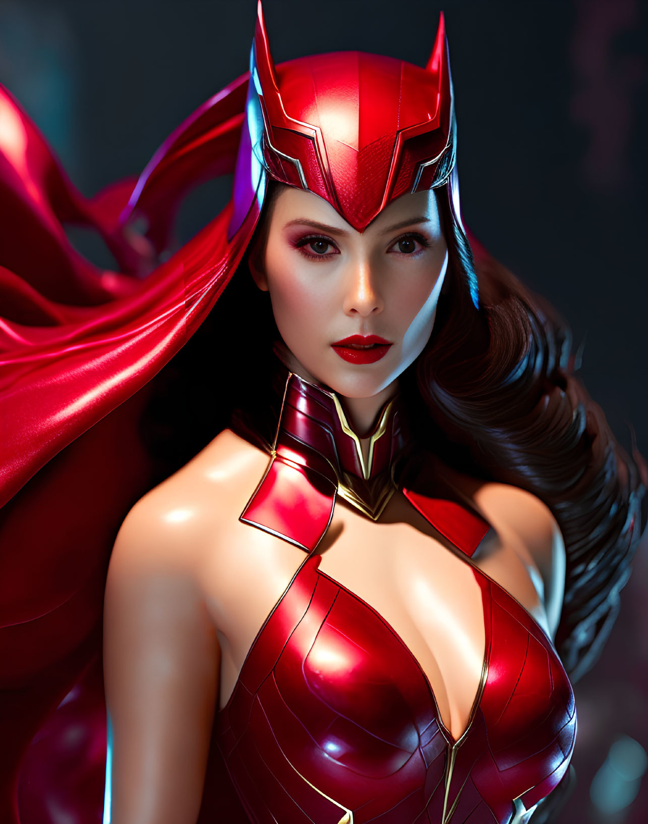 Female superhero in red helmet and armor with white facial makeup and flowing cape on dark background