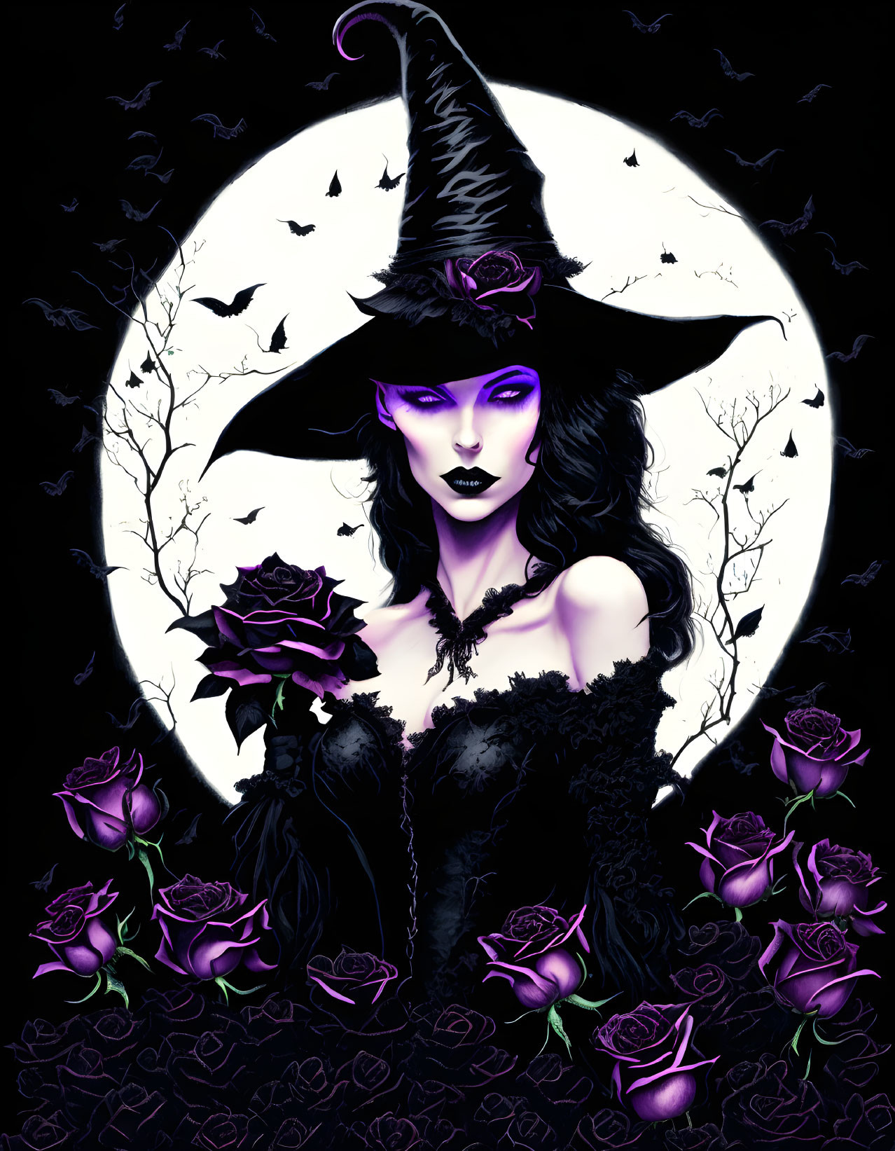 Stylized witch illustration with purple accents, black roses, full moon, bats, bare trees