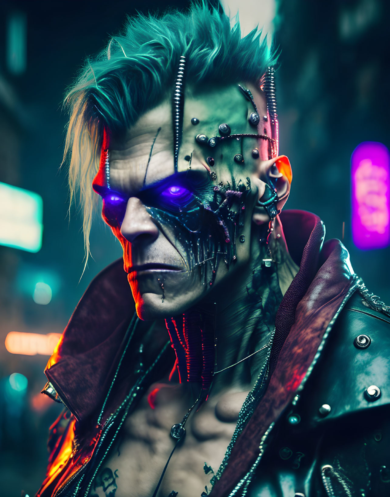 Cyberpunk-inspired individual with neon-lit glasses, piercings, and mohawk in