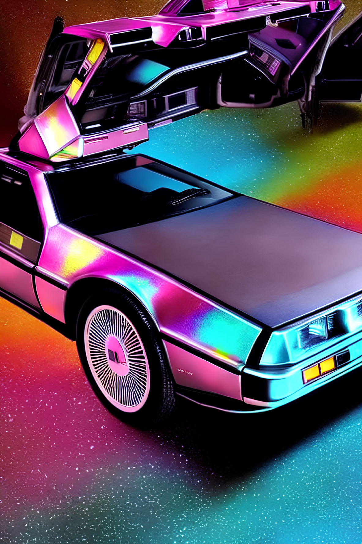 Neon-colored DeLorean car with gull-wing doors on retro-futuristic backdrop