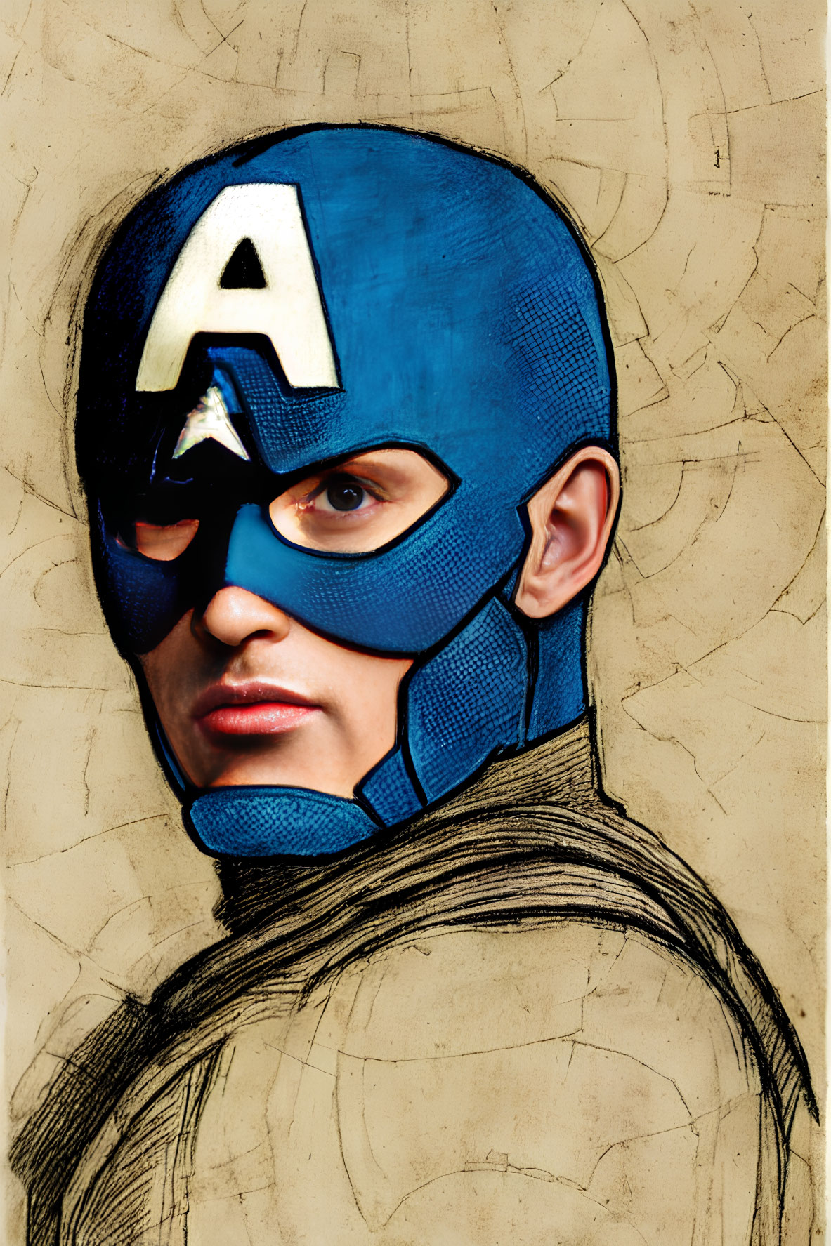 Blue Masked Person with Letter 'A' and Shield Fragment on Beige Background