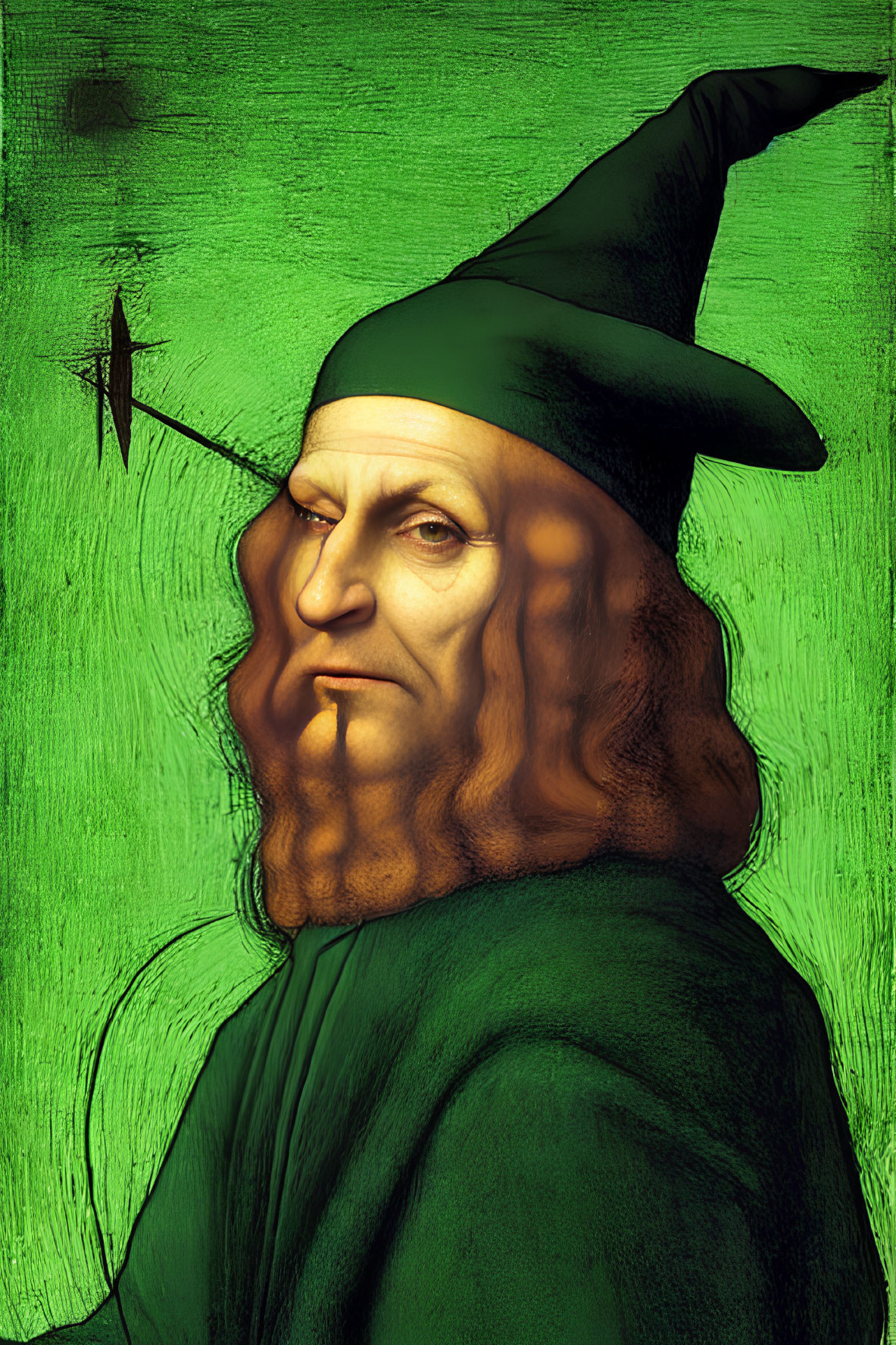 Man in wizard attire with stern expression against green backdrop