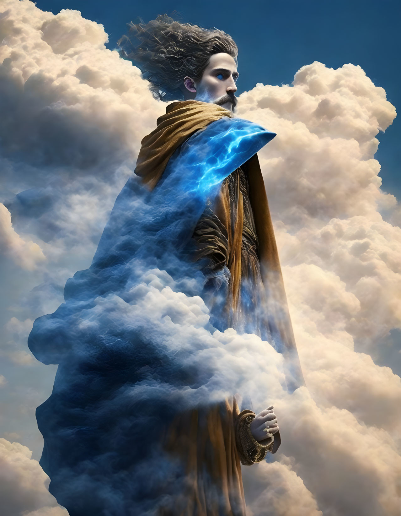 Regal figure with flowing hair in clouds and glowing blue light