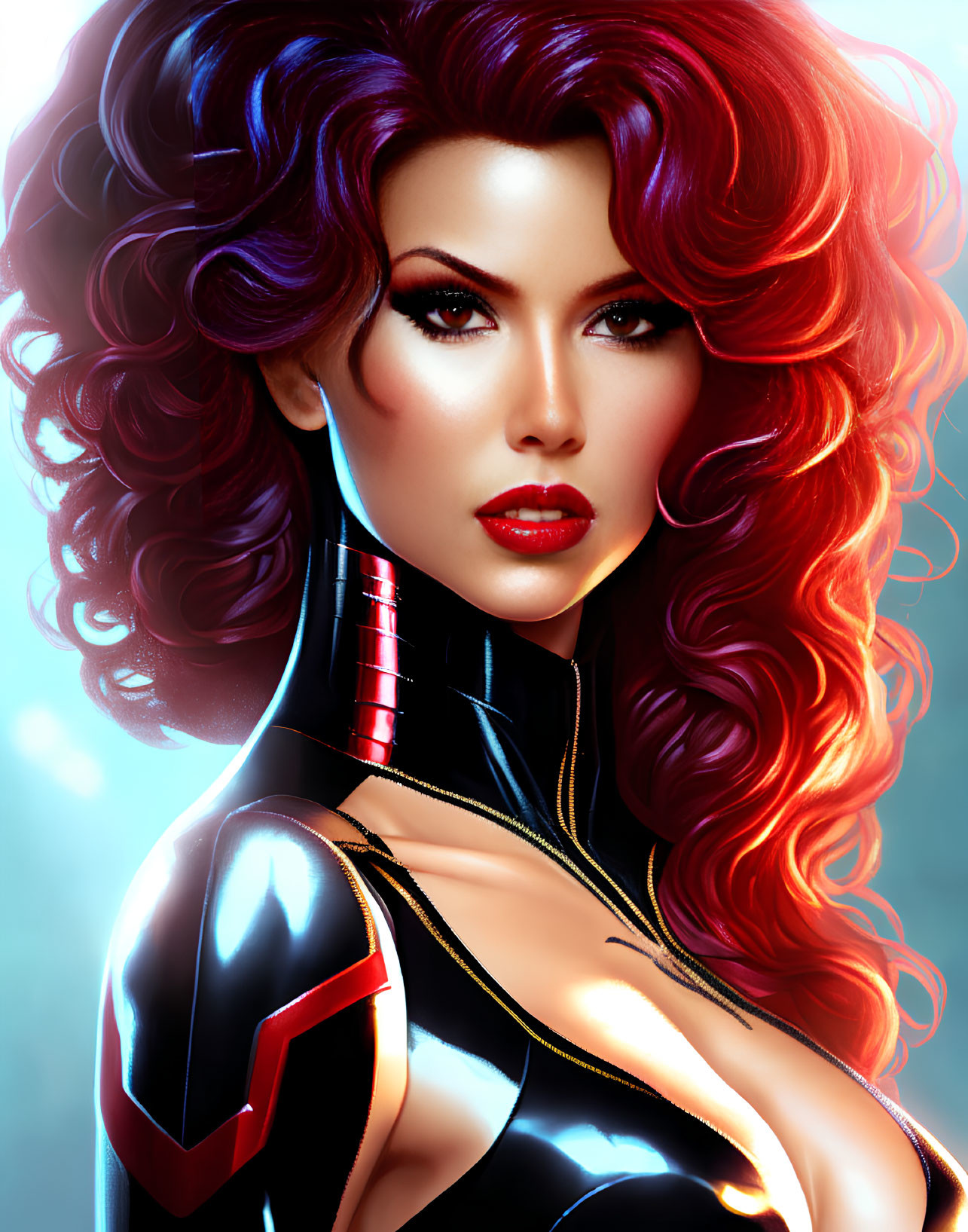 Digital illustration of woman with red and purple hair in futuristic bodysuit