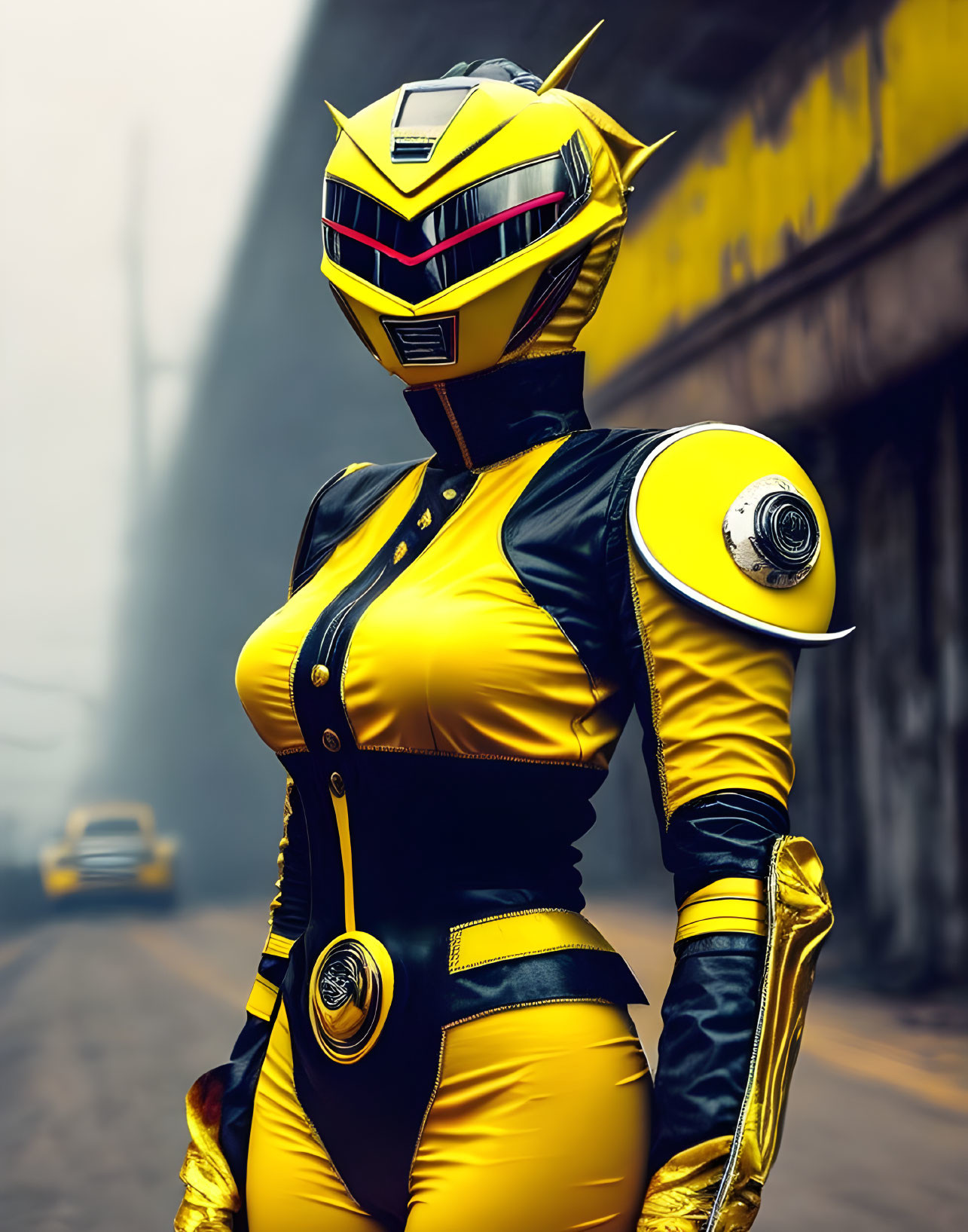 Yellow and black Power Ranger in helmet poses on foggy street