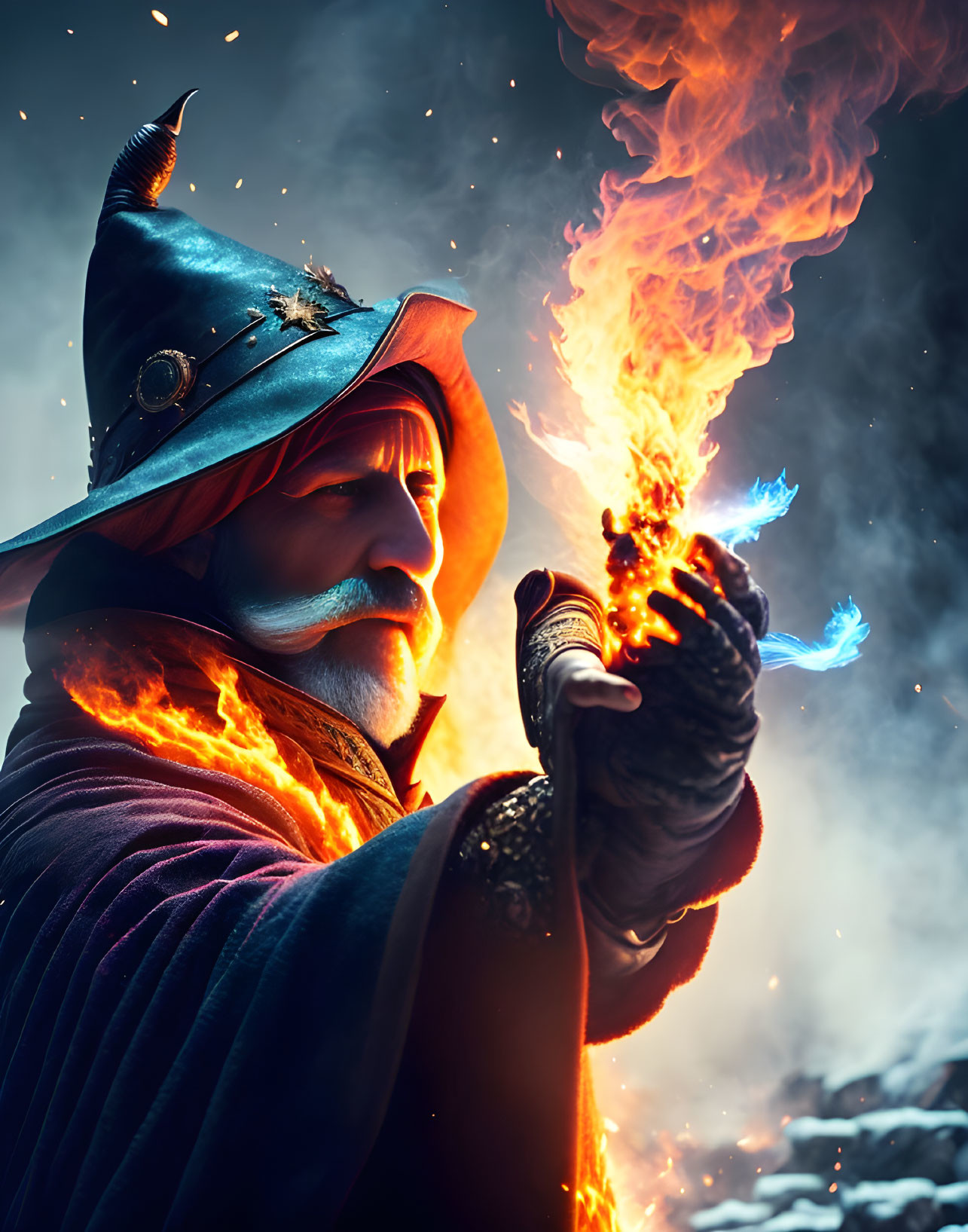 Wizard in blue hat casting fiery magic with intense flames against mystical backdrop