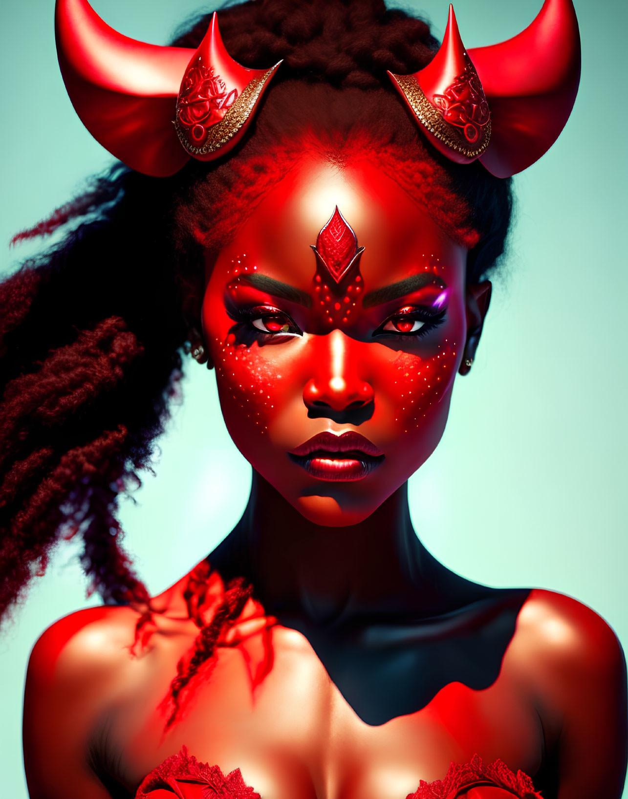 Woman with red makeup and horns in fierce pose on blue background