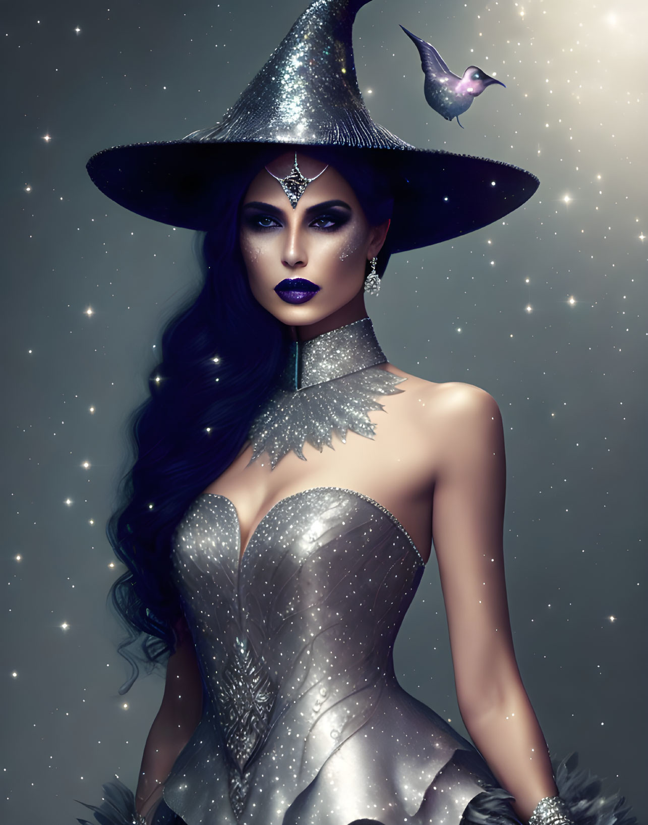 Mystical woman in silver outfit with pointed hat and bird in starry setting