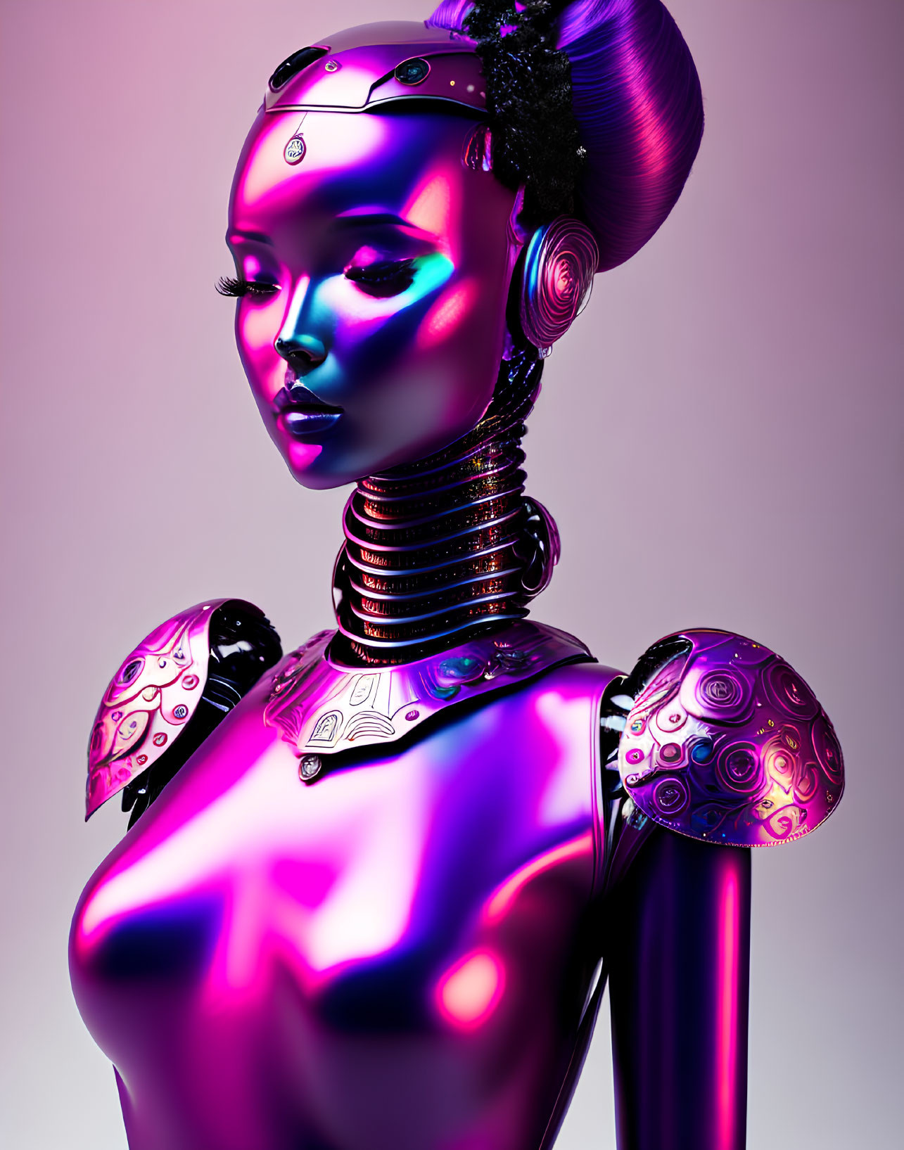 Futuristic female android with glossy purple finish and intricate headpiece on pink gradient background
