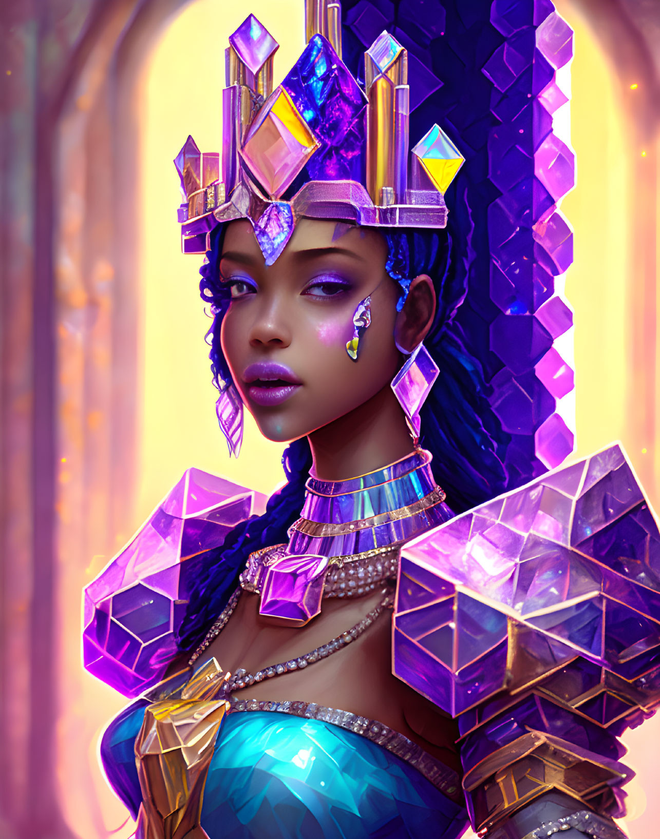 Crystal-themed digital artwork of a woman with purple and blue adornments
