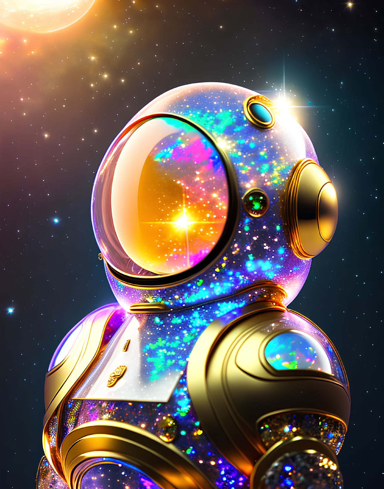 Vibrant cosmic-themed astronaut illustration with glittering spacesuit and starry sky reflection