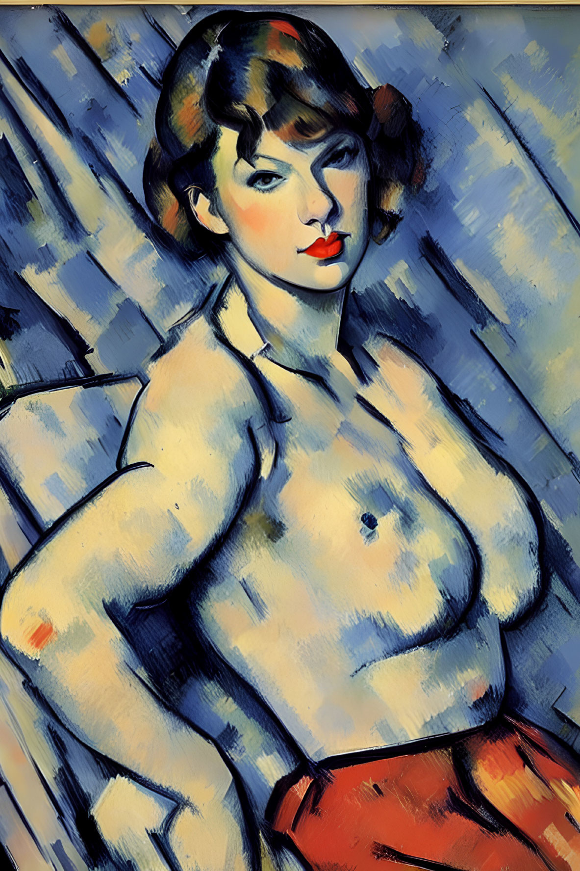 Woman with Bob Haircut in Cubist Style with Blue and Yellow Tones