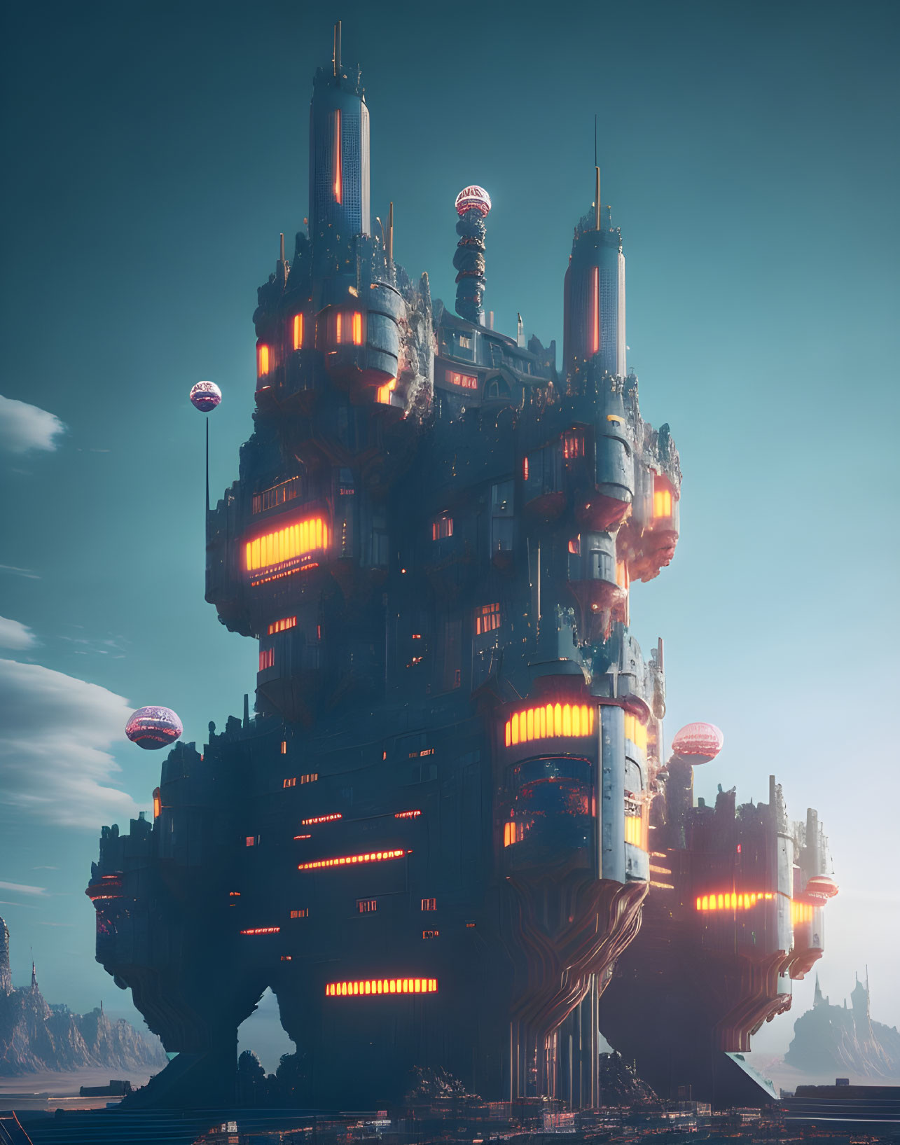 Futuristic cityscape with towering structures and flying vehicles at dusk