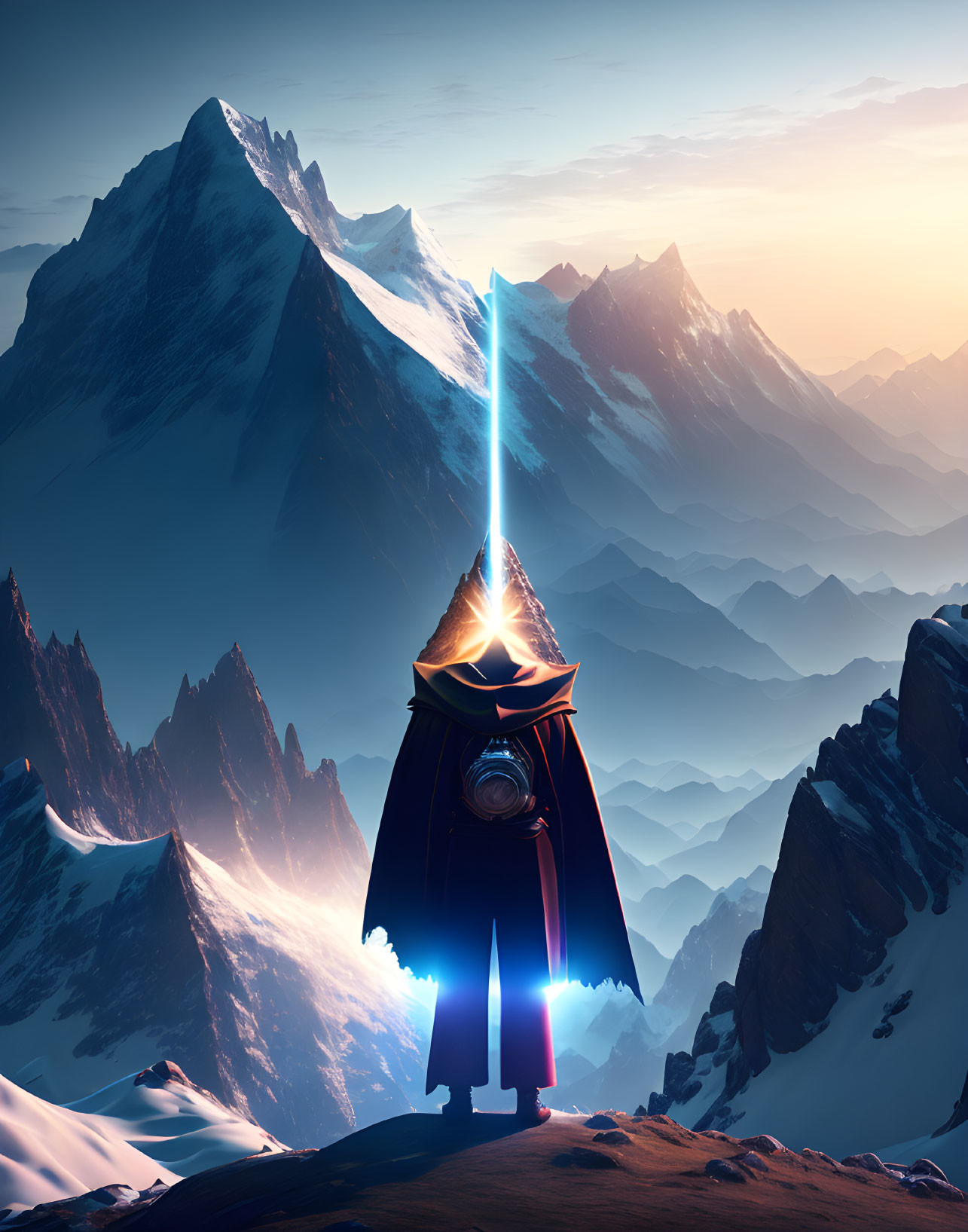 Cloaked figure on snowy mountain peak gazes at blue beam and sunrise
