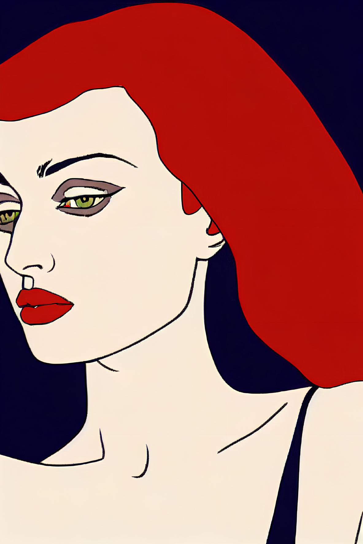 Detailed illustration of woman with red hair, green eyes, and red lipstick on dark background.