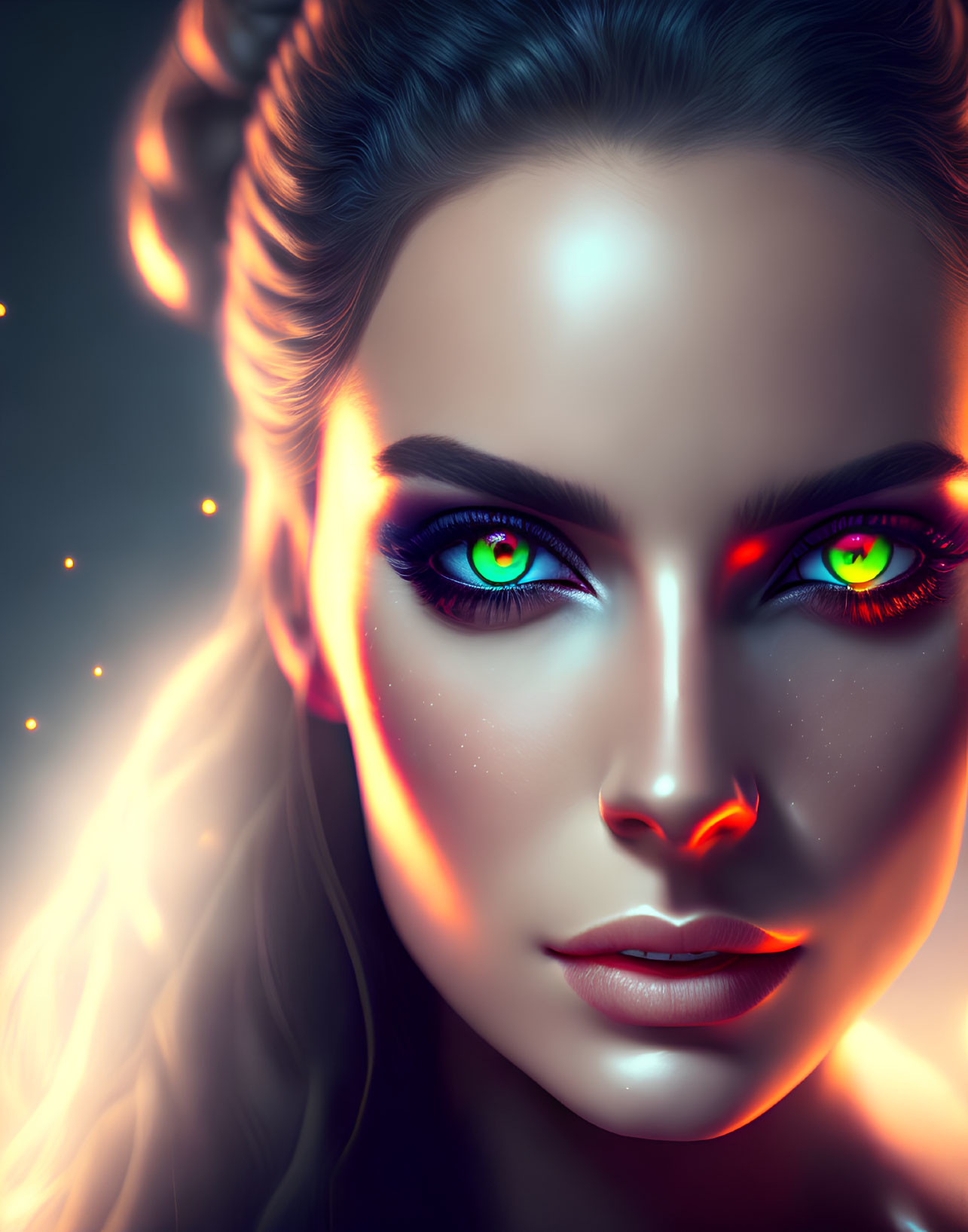 Digital portrait: Woman with luminous green eyes and fiery sparks on radiant skin against dark backdrop