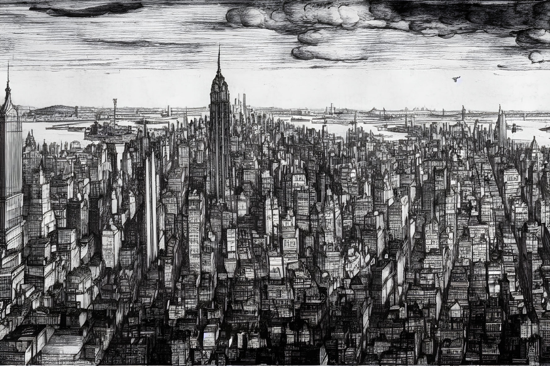 Monochromatic sketch of dense cityscape with high-rise buildings & central tower