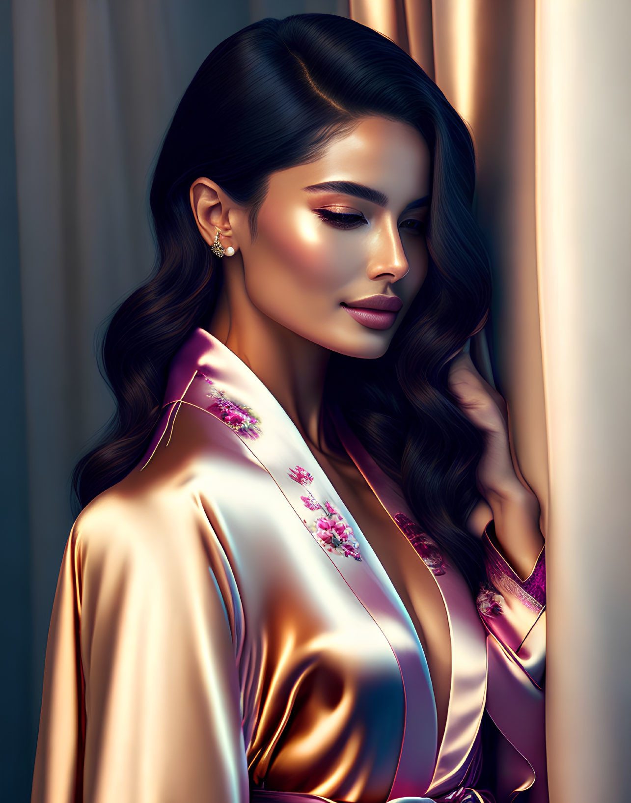 Sleek hairstyle and floral robe beside draped curtain