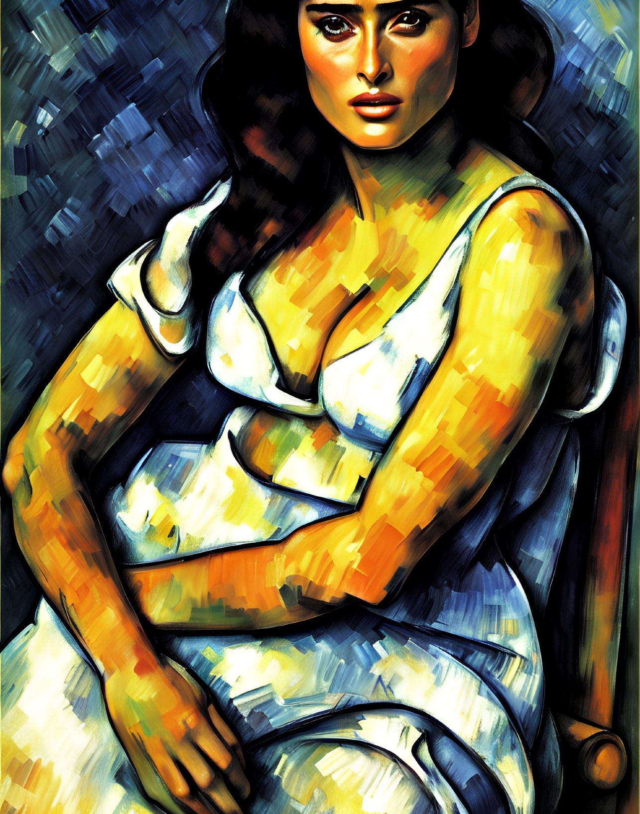 Colorful painting of seated woman with dark hair, bold brushstrokes & vibrant palette