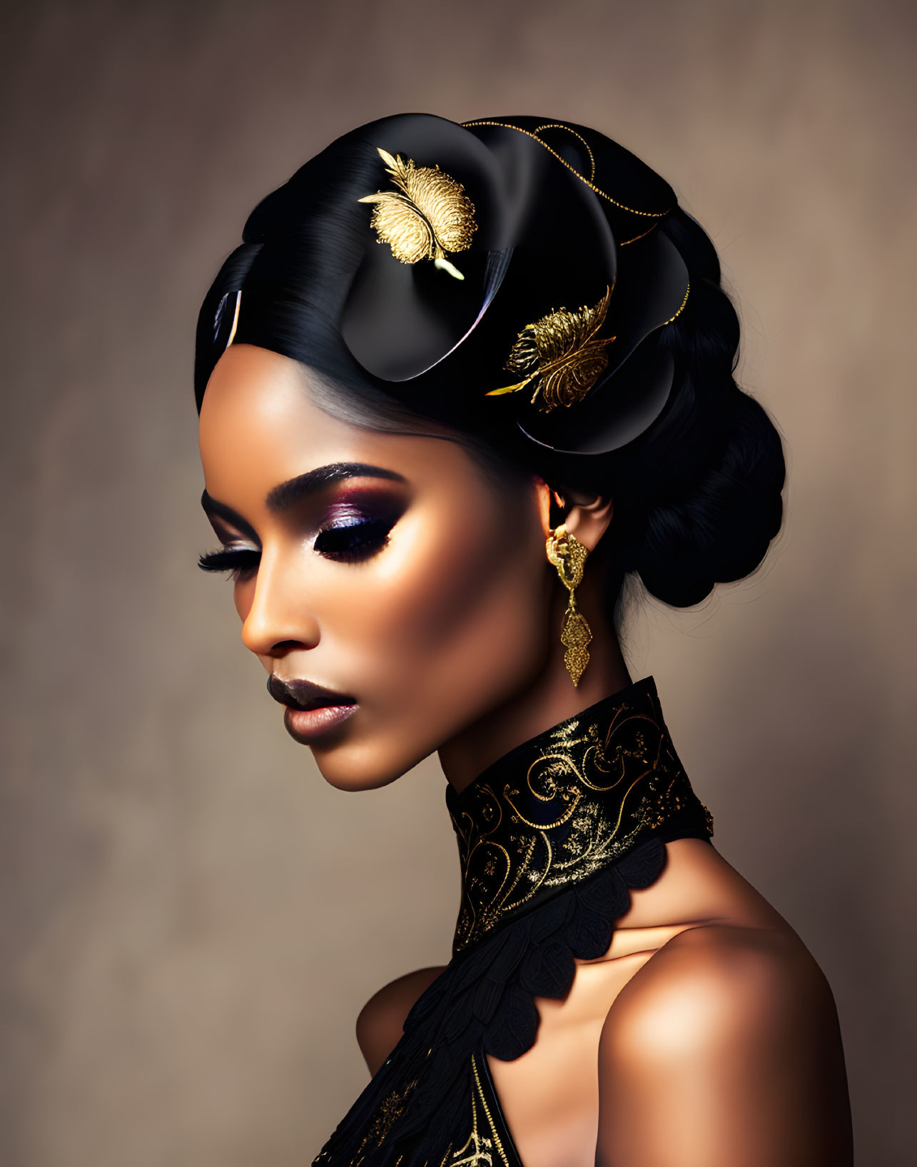 Woman with Elegant Makeup and Black/Gold Headdress, Earrings, and Choker