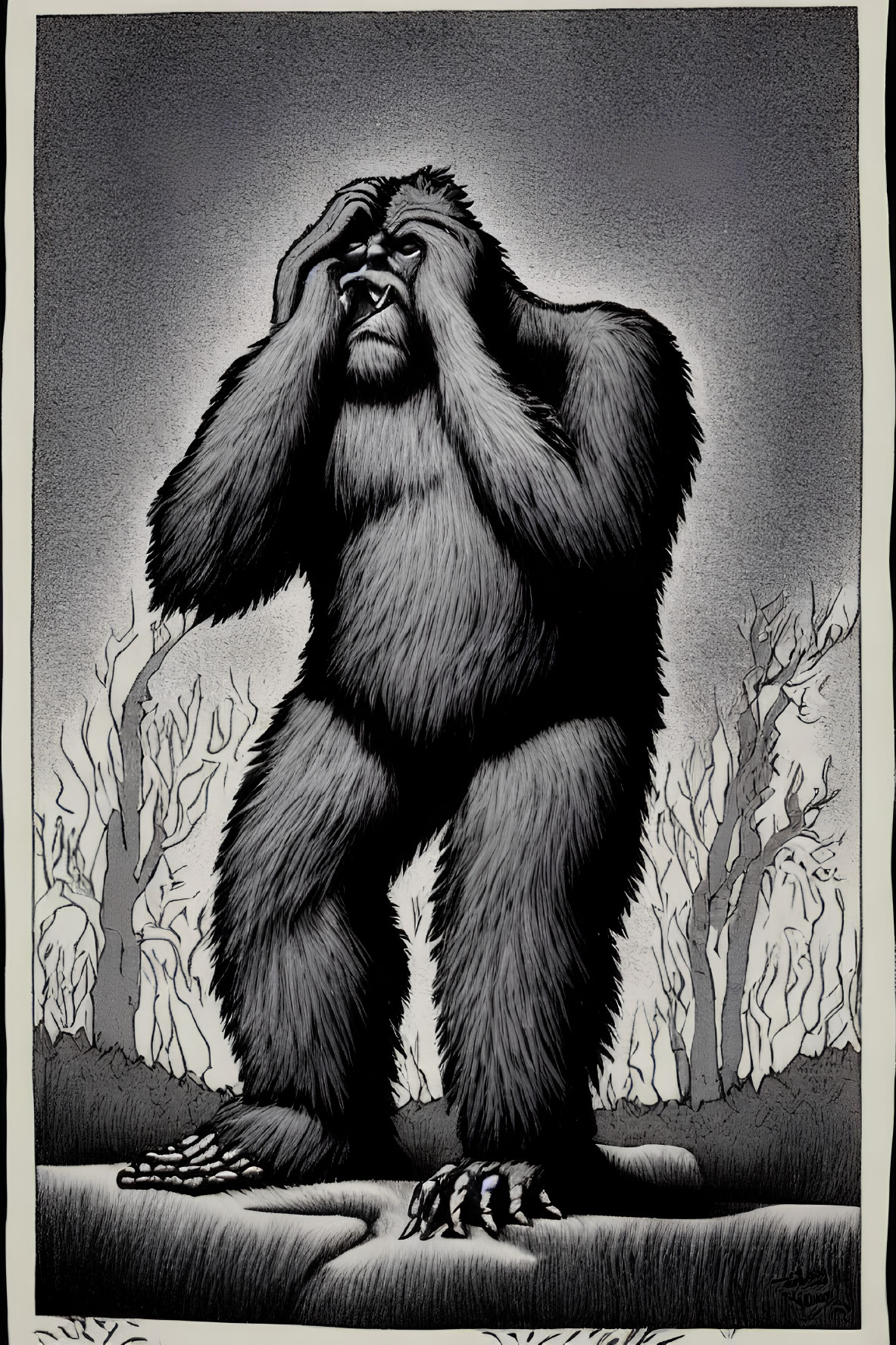 Illustrated gorilla in distress among barren trees